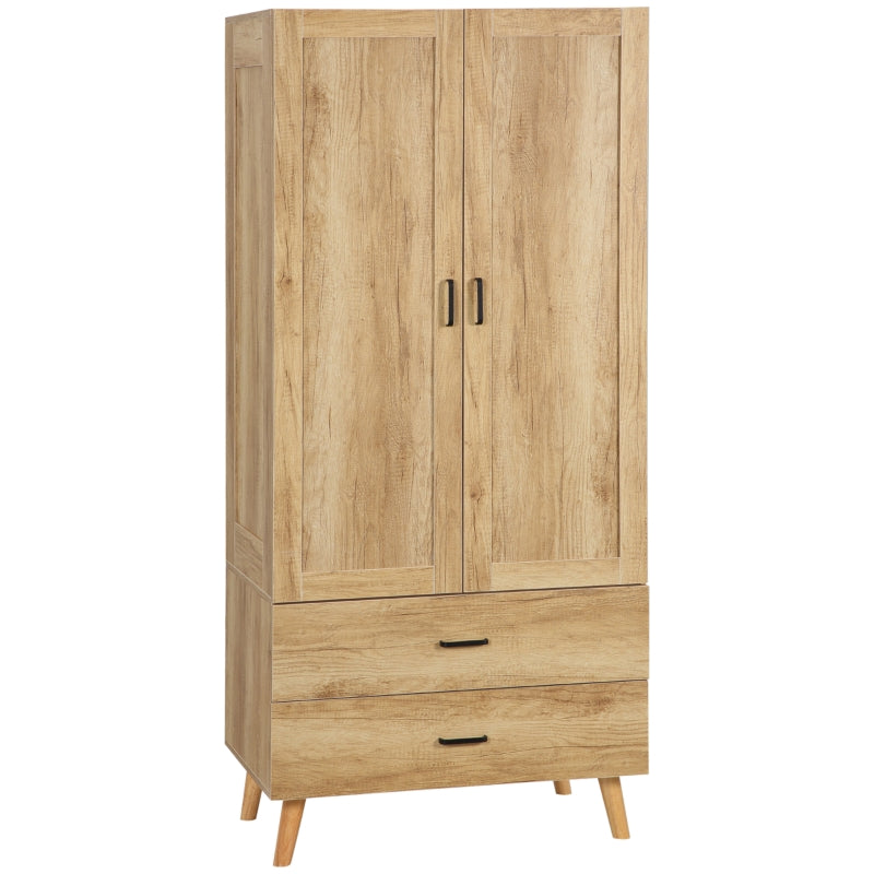 2 Door Wardrobe with 2 Drawer and Hanging Rail, Natural