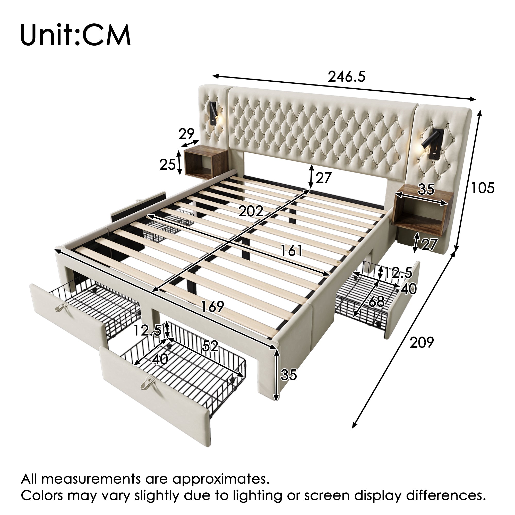 Bedroom Set, Upholstered Double Bed 160x200cm, 2 Nightstands, 4 Drawers, Headboard Reading Light with USB, Beige Velvet