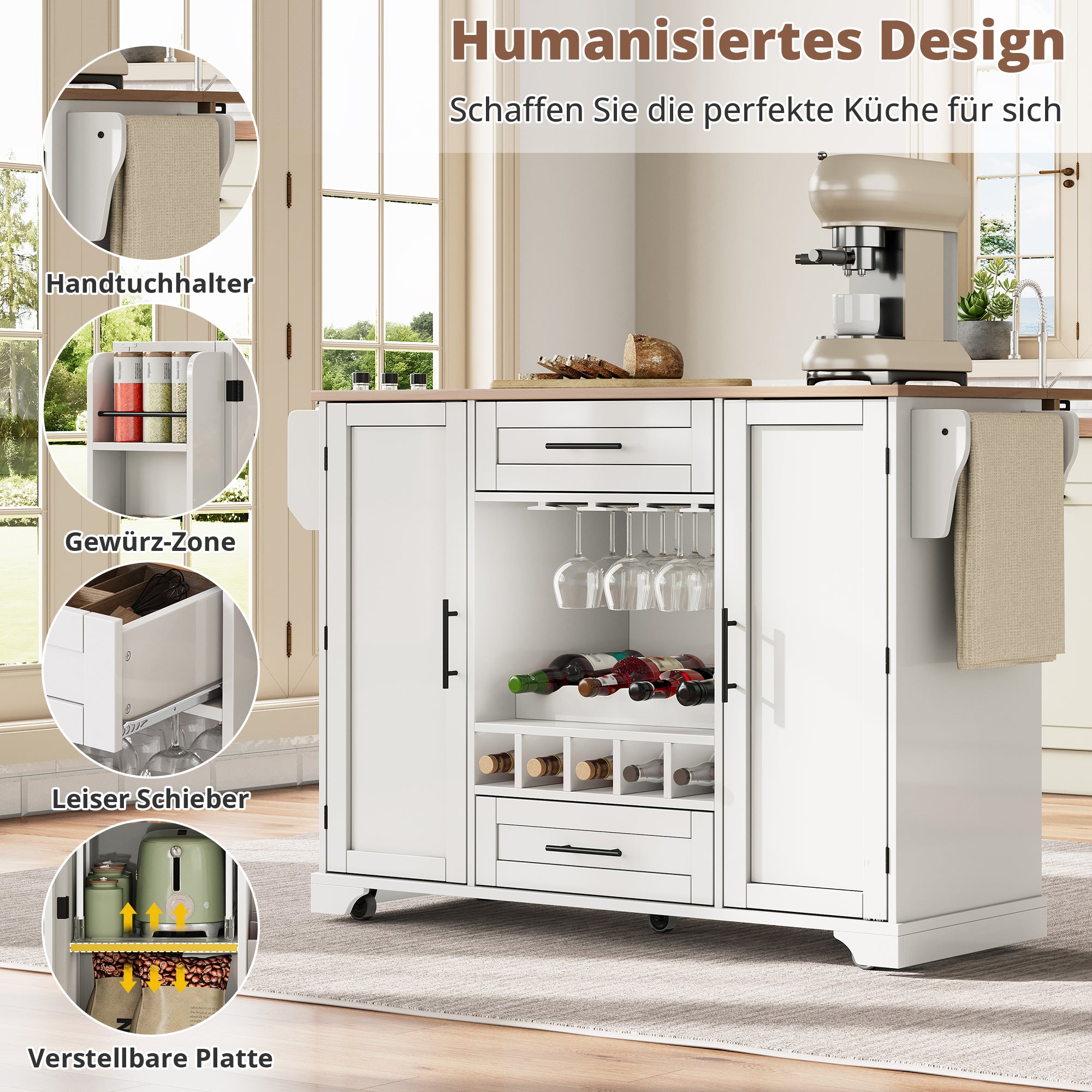 Kitchen Trolley Mobile Folding Worktop Wine Rack Storage - White