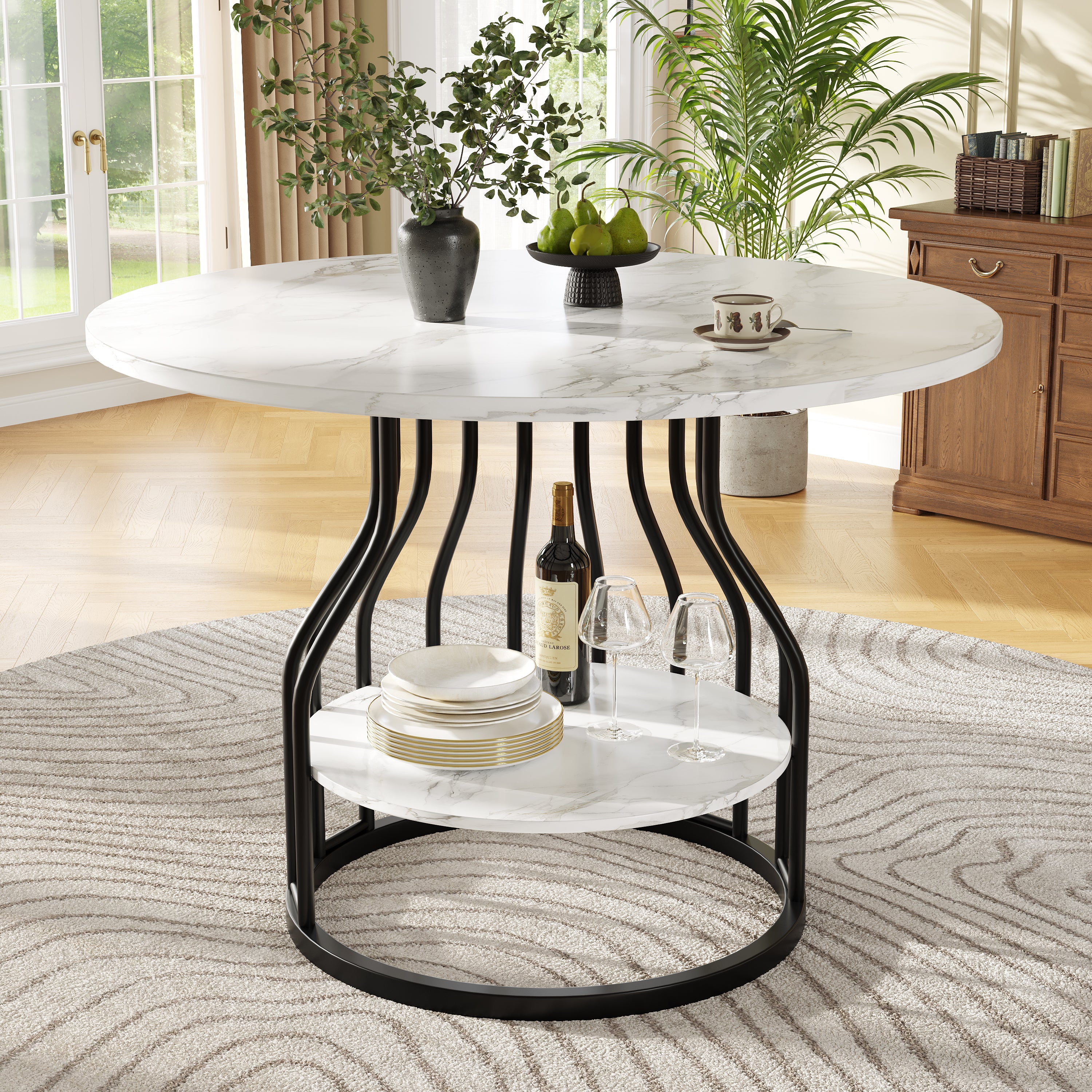 Round Dining Table, 4-Person Storage Shelf MDF Marble, Black