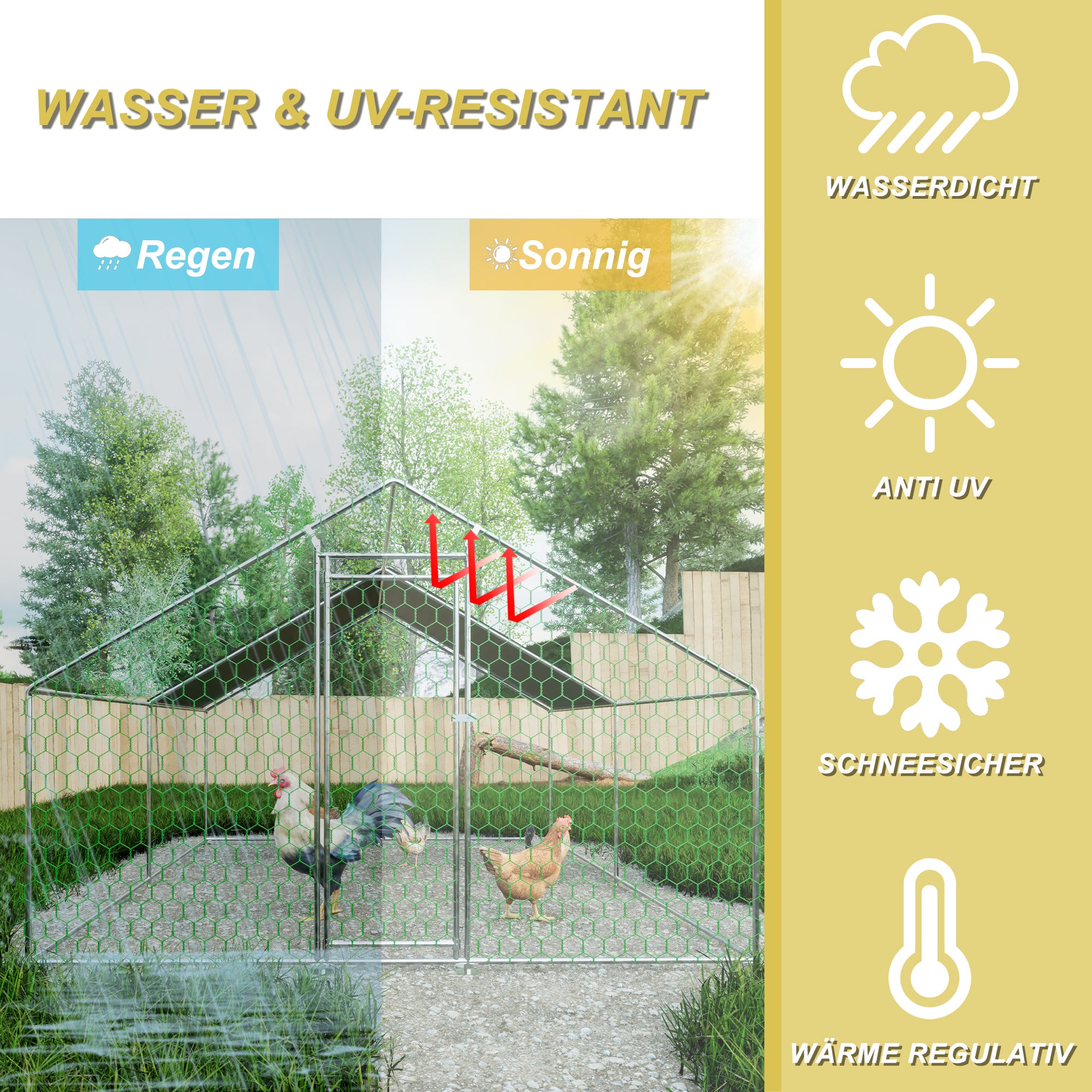 Free-range Chicken Coop, 3x4x2m with Safety Lock, Metal & PE Cloth