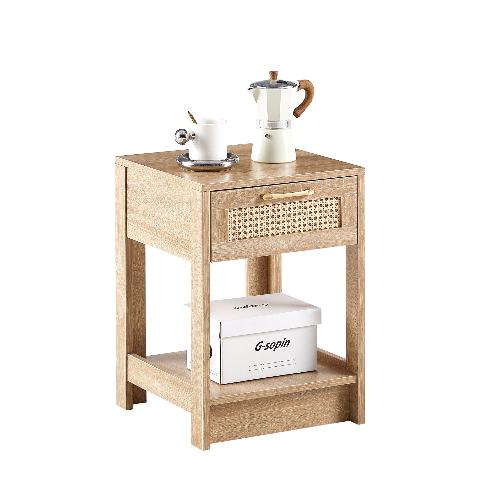 Rattan Side Table with Drawer H55xW40xD40cm Natural Wood Look