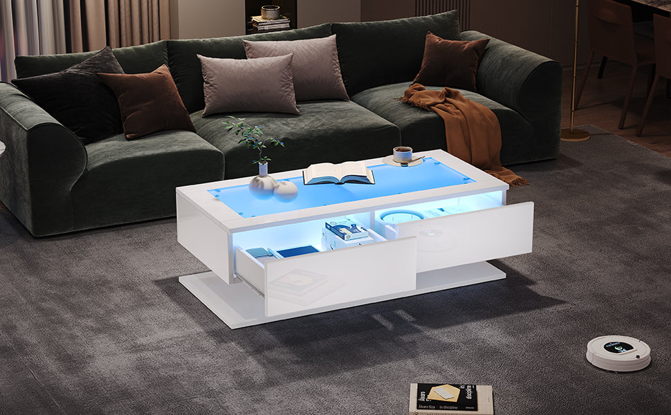 Coffee Table 100x50x35cm, High-Gloss with Drawers, LED Light & Glass Top, White