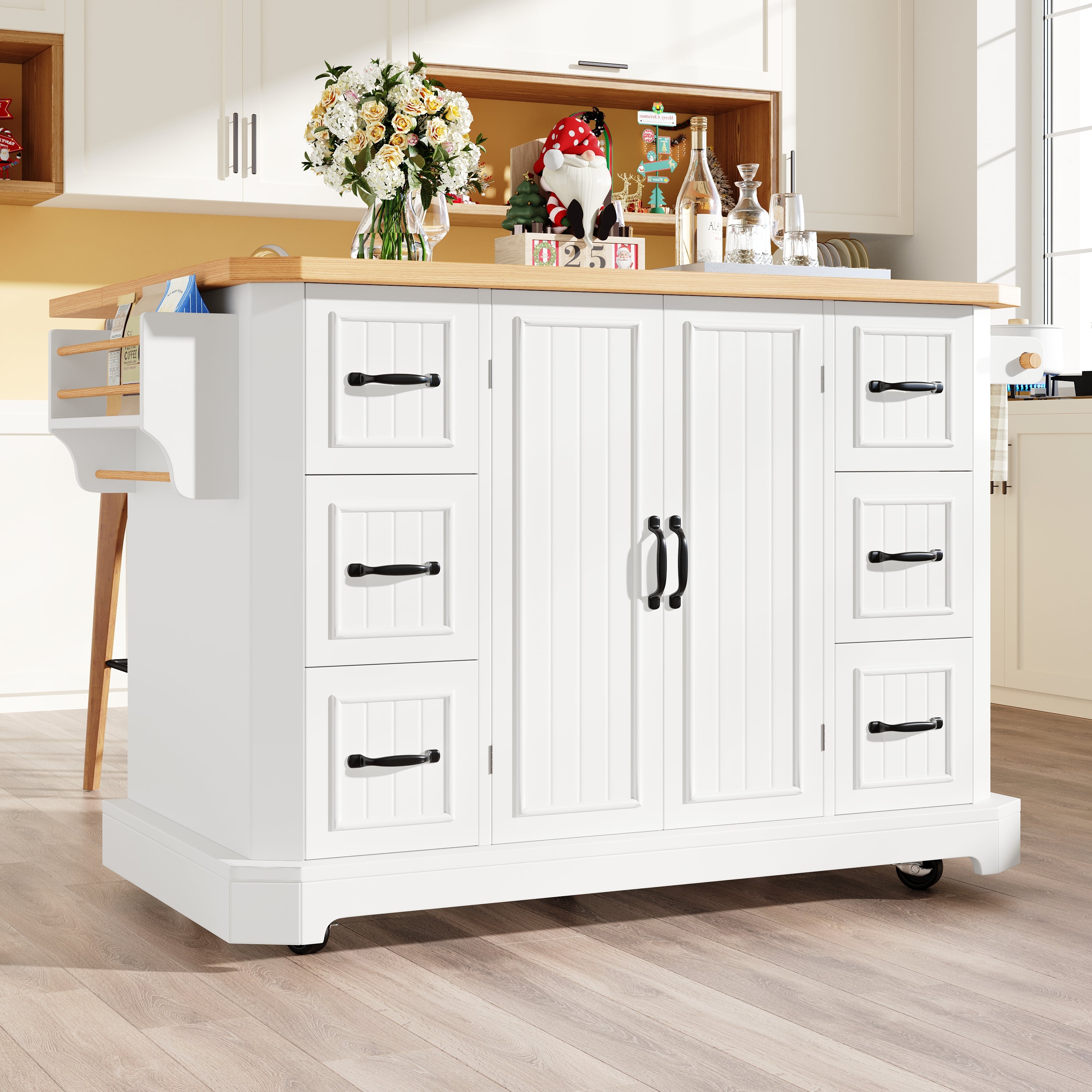 Mobile Kitchen Island with 2 Doors and 6 Drawers, White and Black