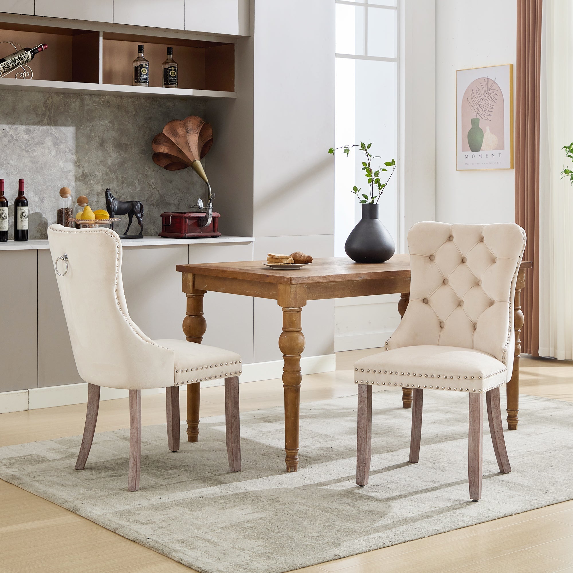 Modern Set of 6 Upholstered Velvet Dining Chairs, Button Tufted with Brushed Wood Legs, Riveted Trim, and Knocker Ring, Beige