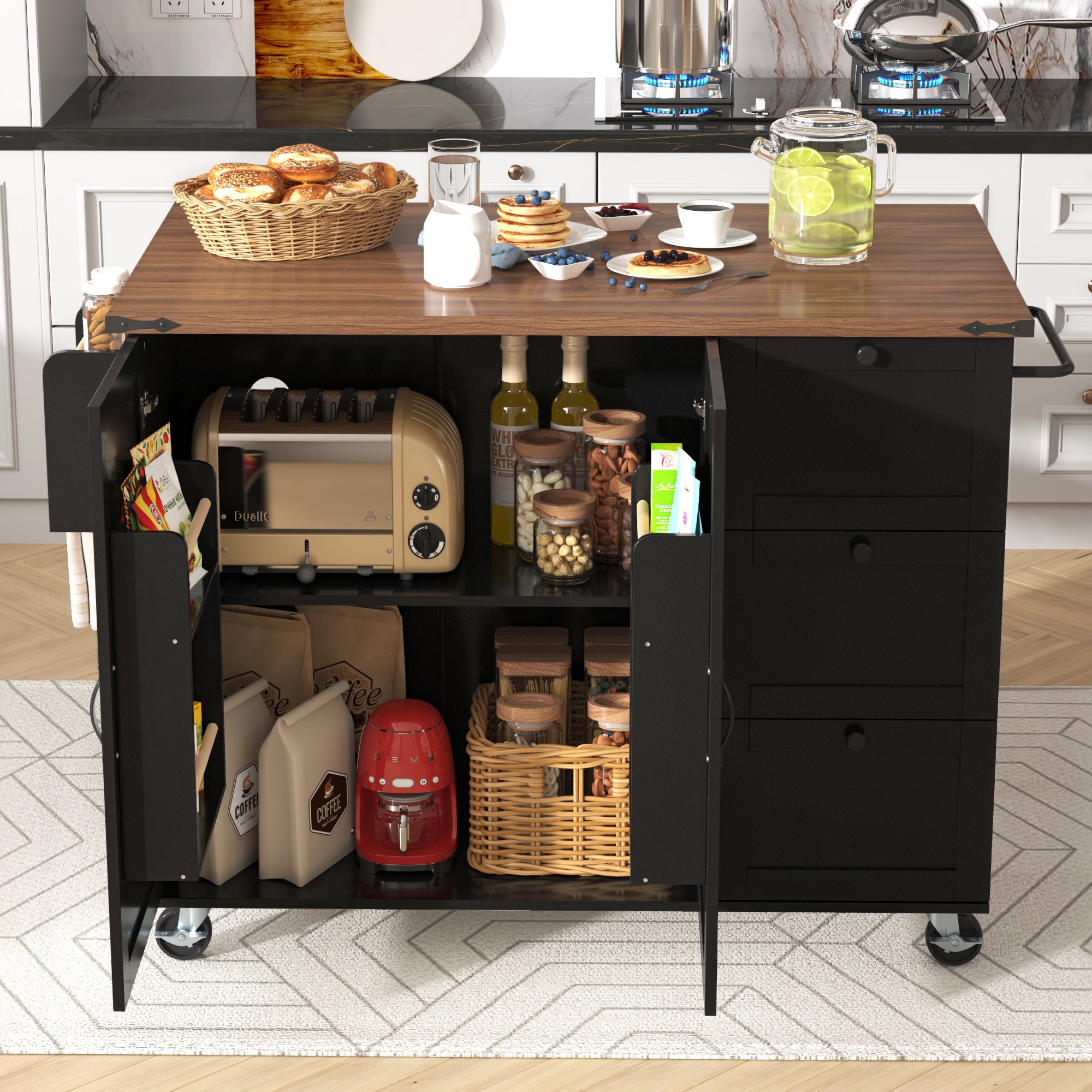 Kitchen Island Trolley with Pull-out Worktop, 2 Doors, 3 Drawers, Wood Grain Black