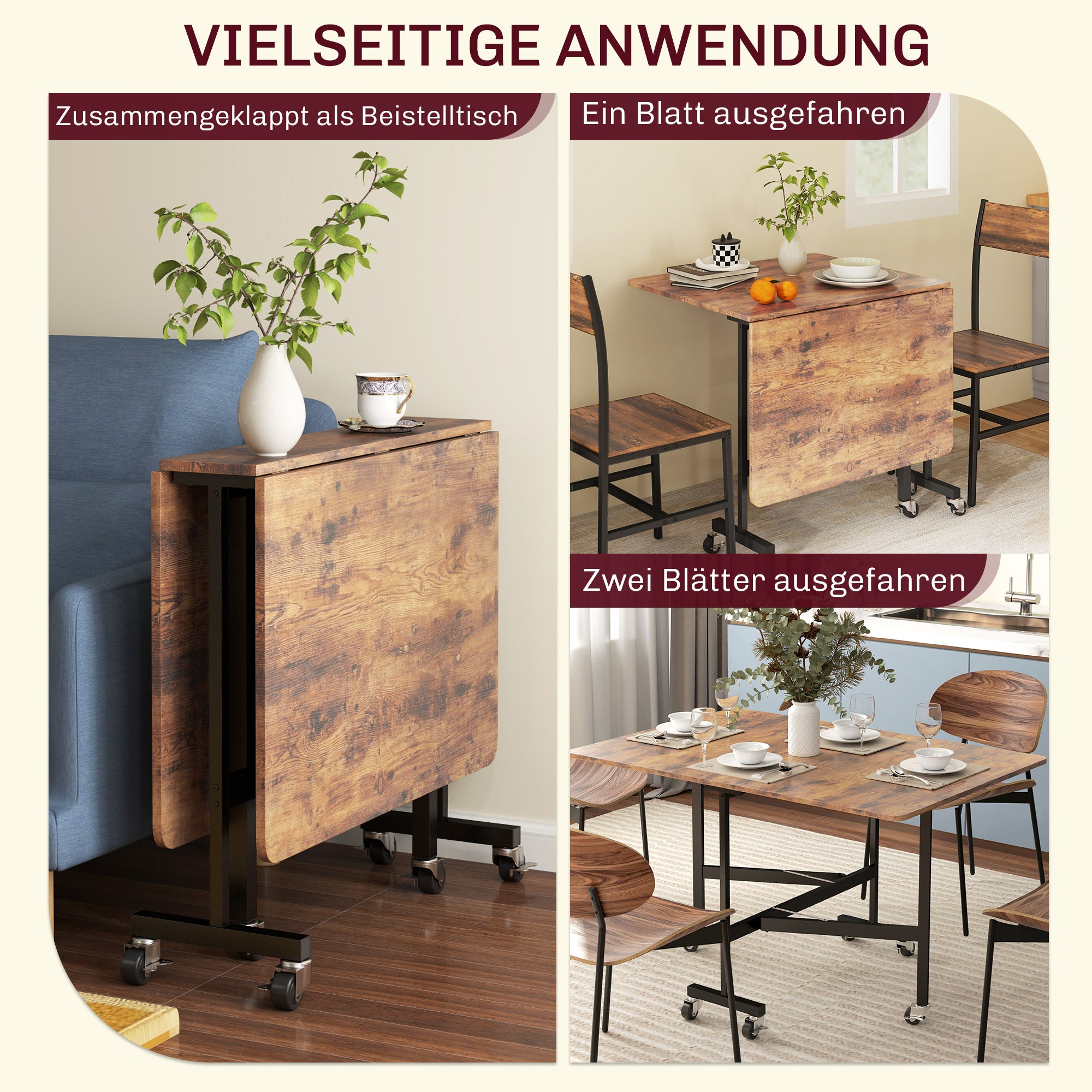 Folding Dining Table, 6 Person, Casters & Brakes, Brown