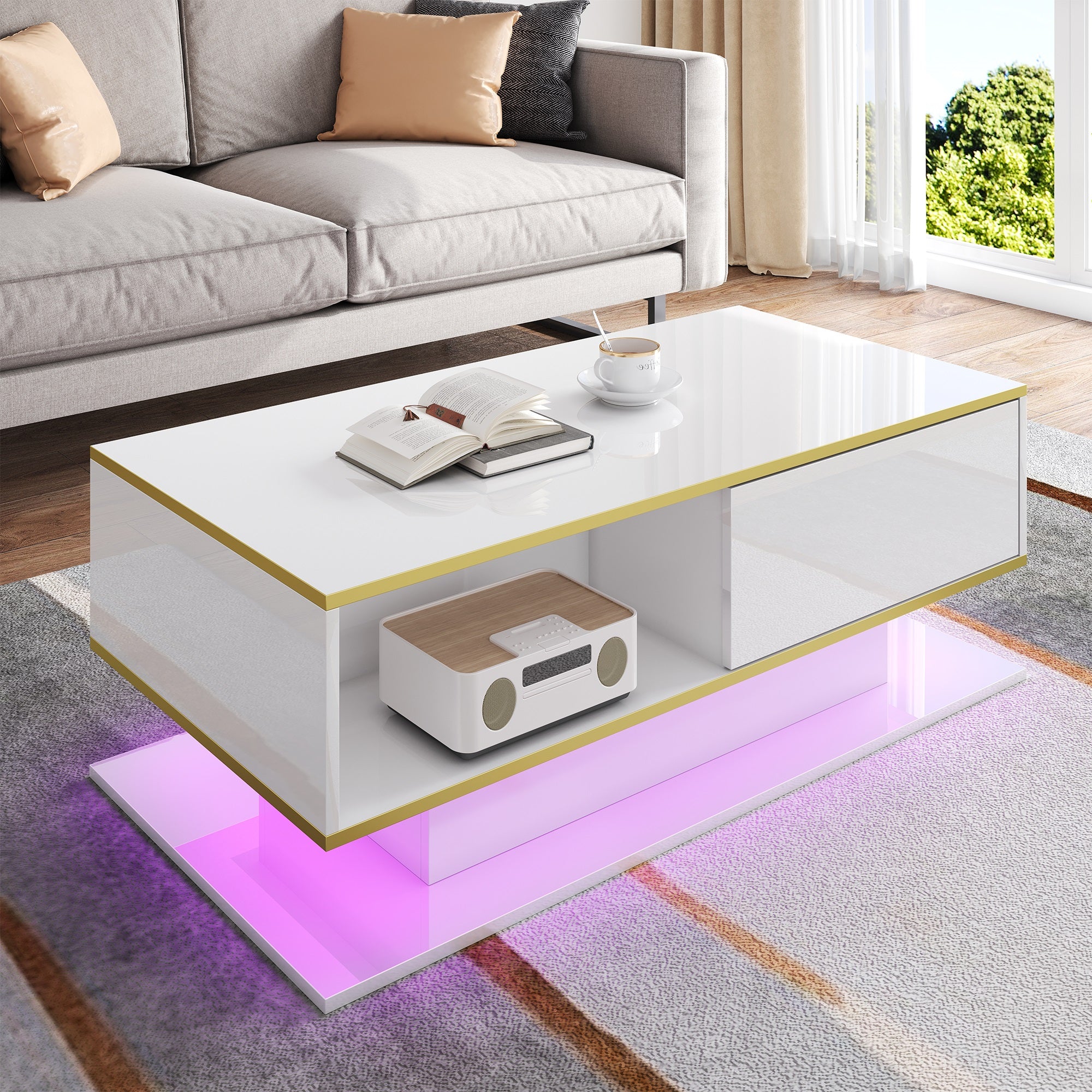 Modern LED Coffee Table 100cm High-Gloss 3 Drawers USB Gold Trim