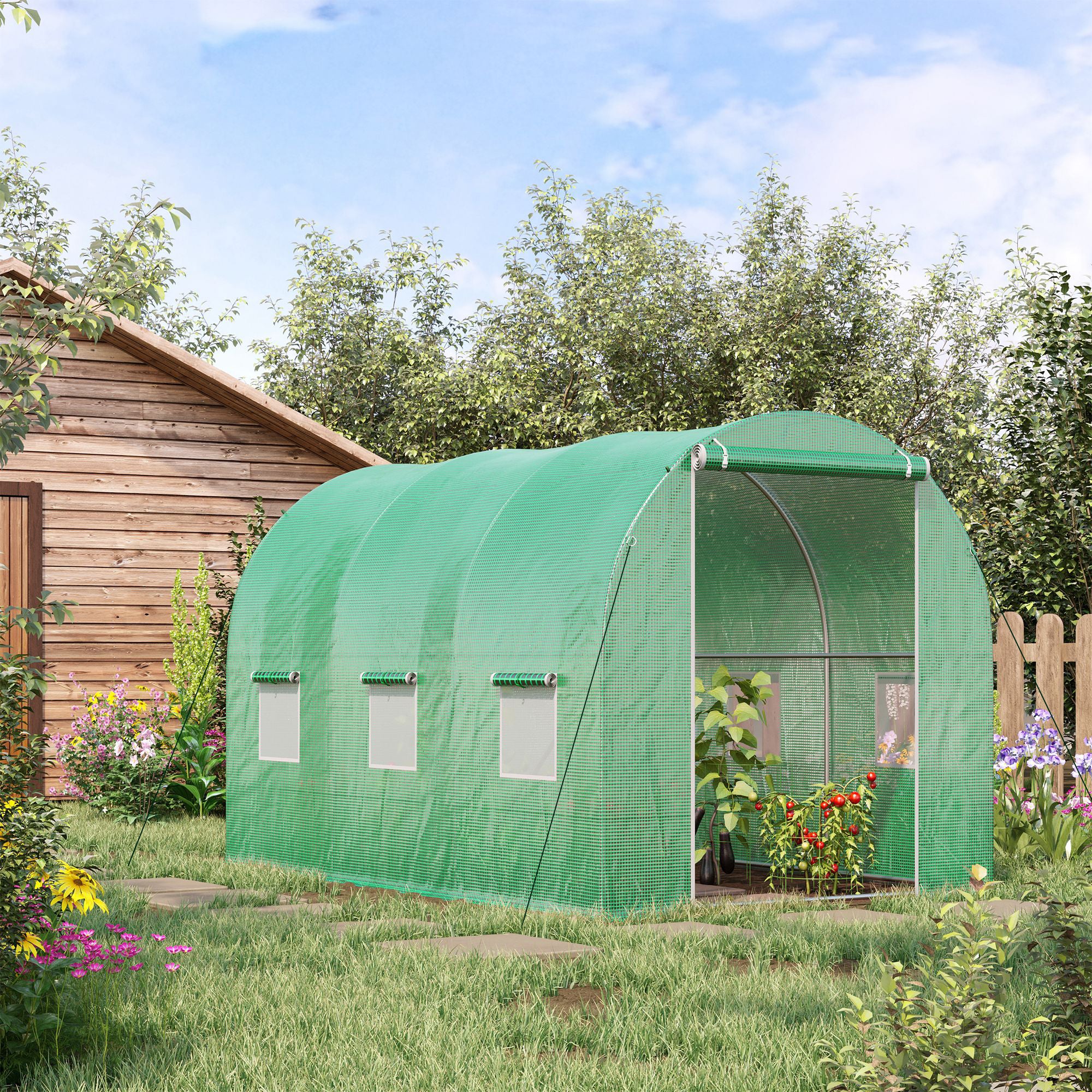 Walk-in Polytunnel Greenhouse with Zipped Roll-Up Door and 6 Mesh Windows, 3 x 2M