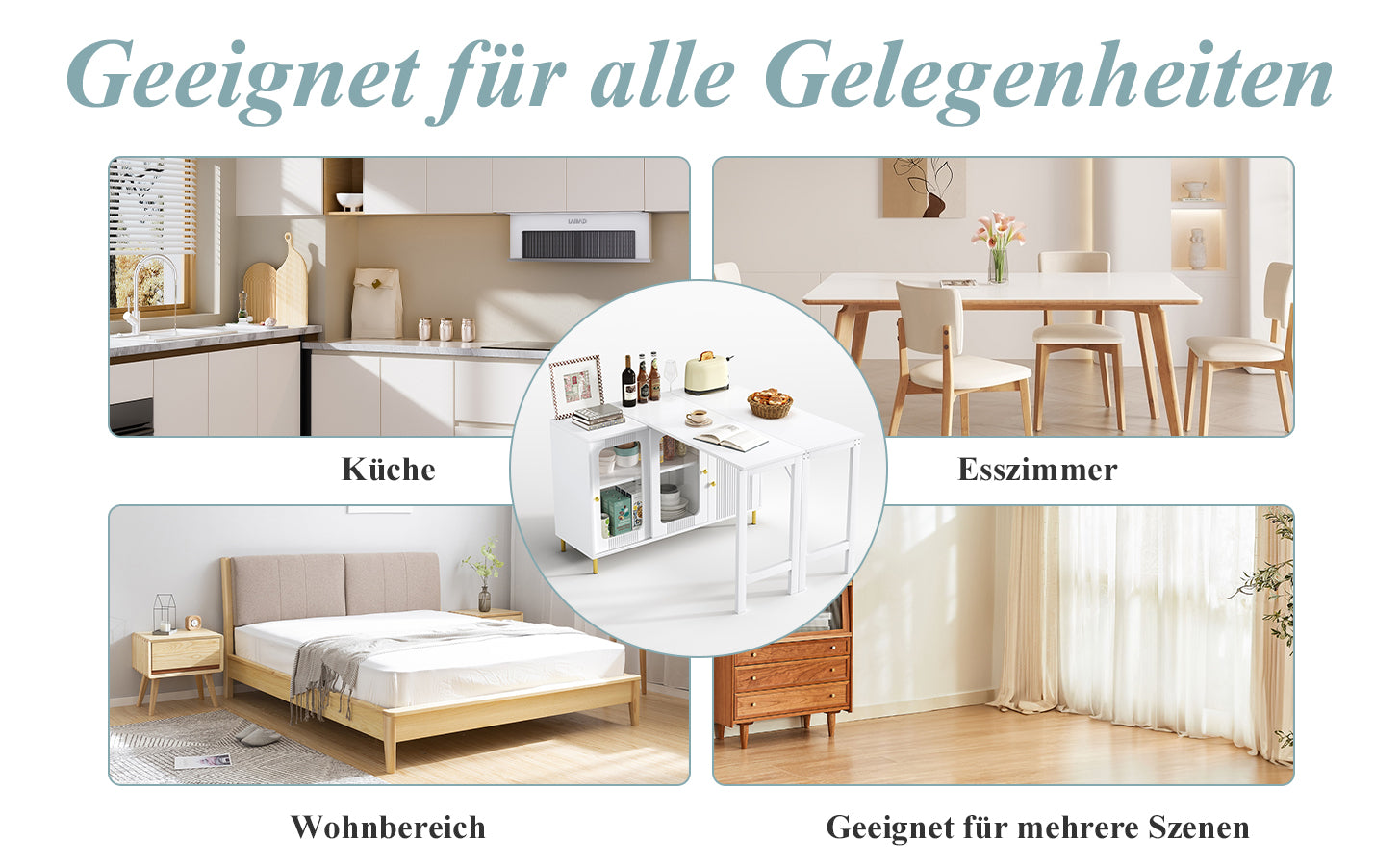 Buffet Sideboard Folding Extendable Top Rotating Glass Wave Doors - White