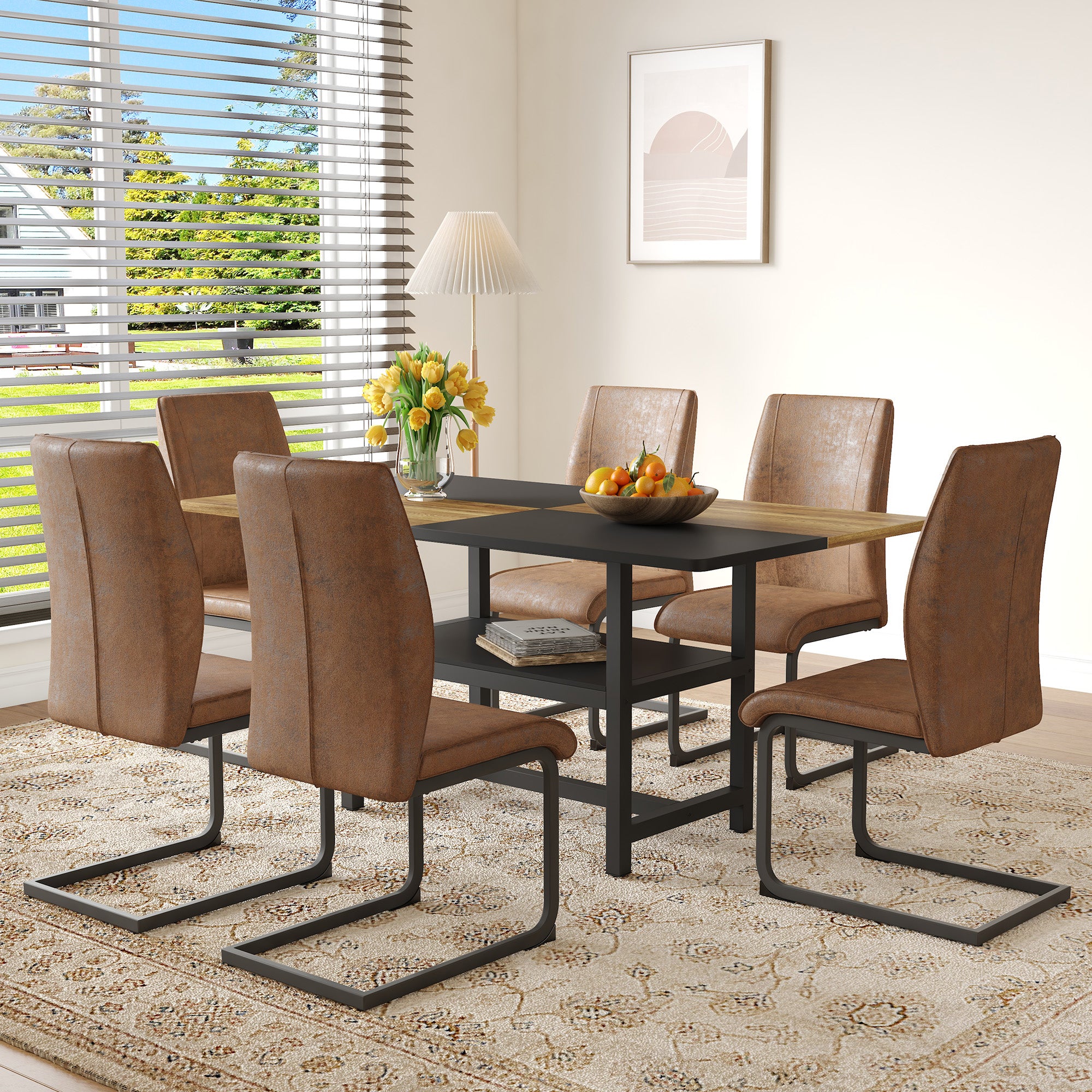 Dining Table Set, Rectangular with Shelf and 6 Armchairs, Brown Tech Fabric