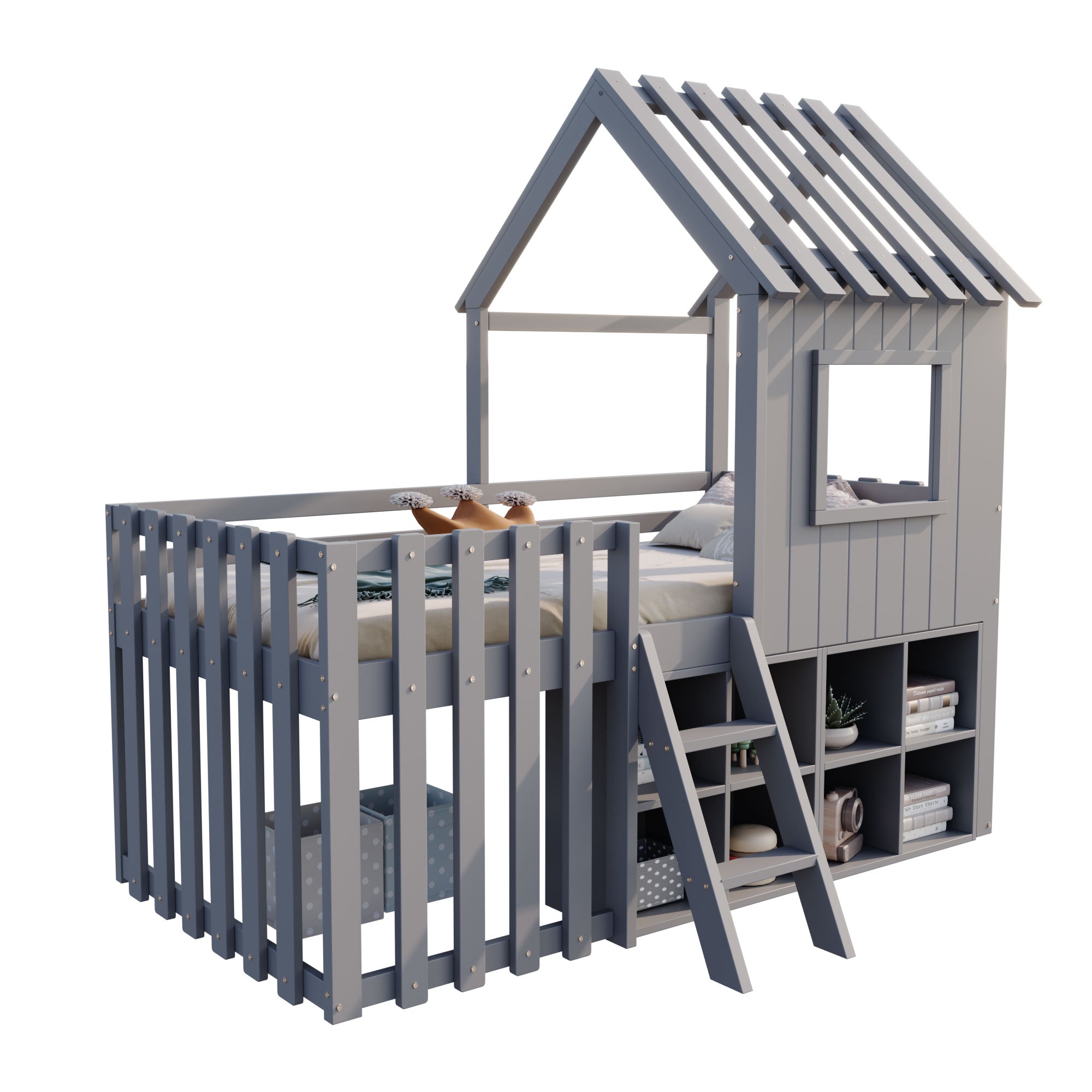 Children's House Bed 90x200, Roof & Window, Open Storage, Climbing Ladder, Solid Wood, Gray