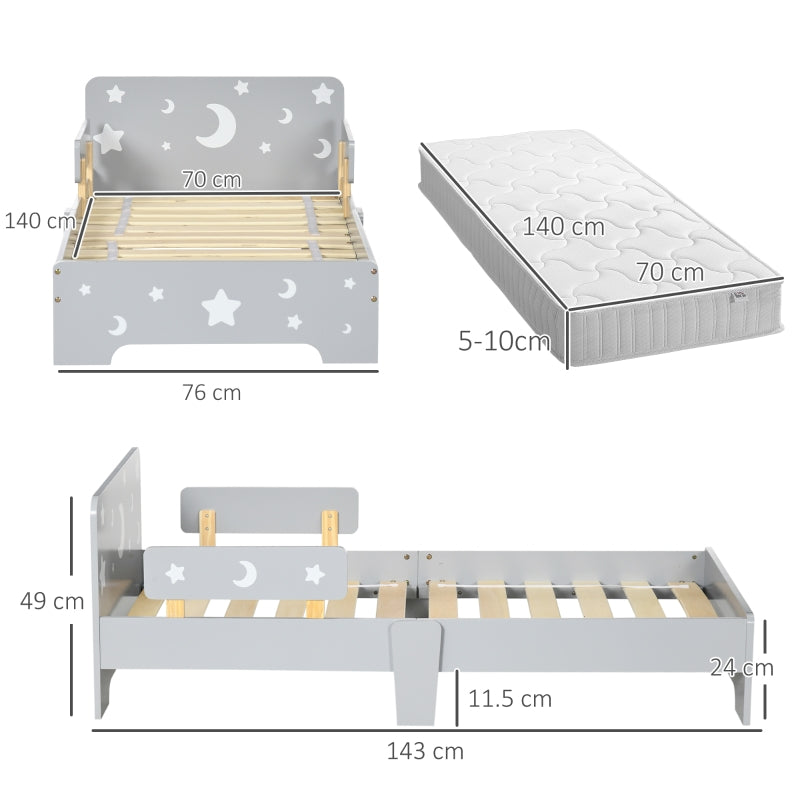 Kids Toddler Bed Star Moon Patterns Side Rails Grey