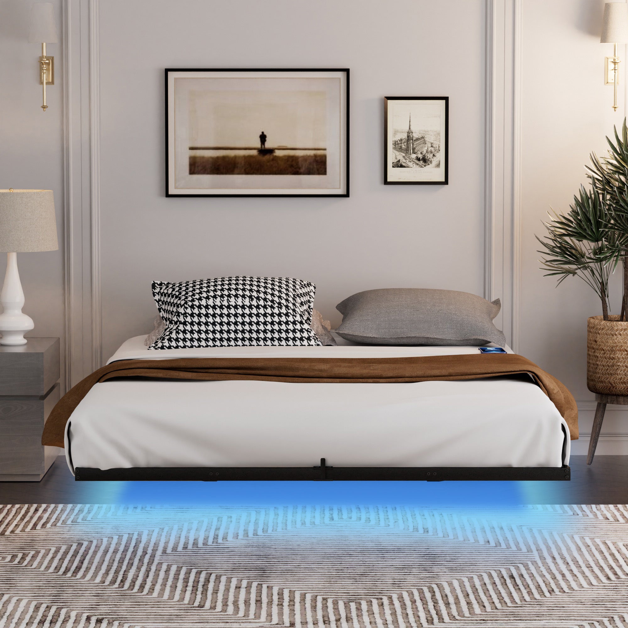 Floating Metal Bed 140x200cm, LED Lights, Black