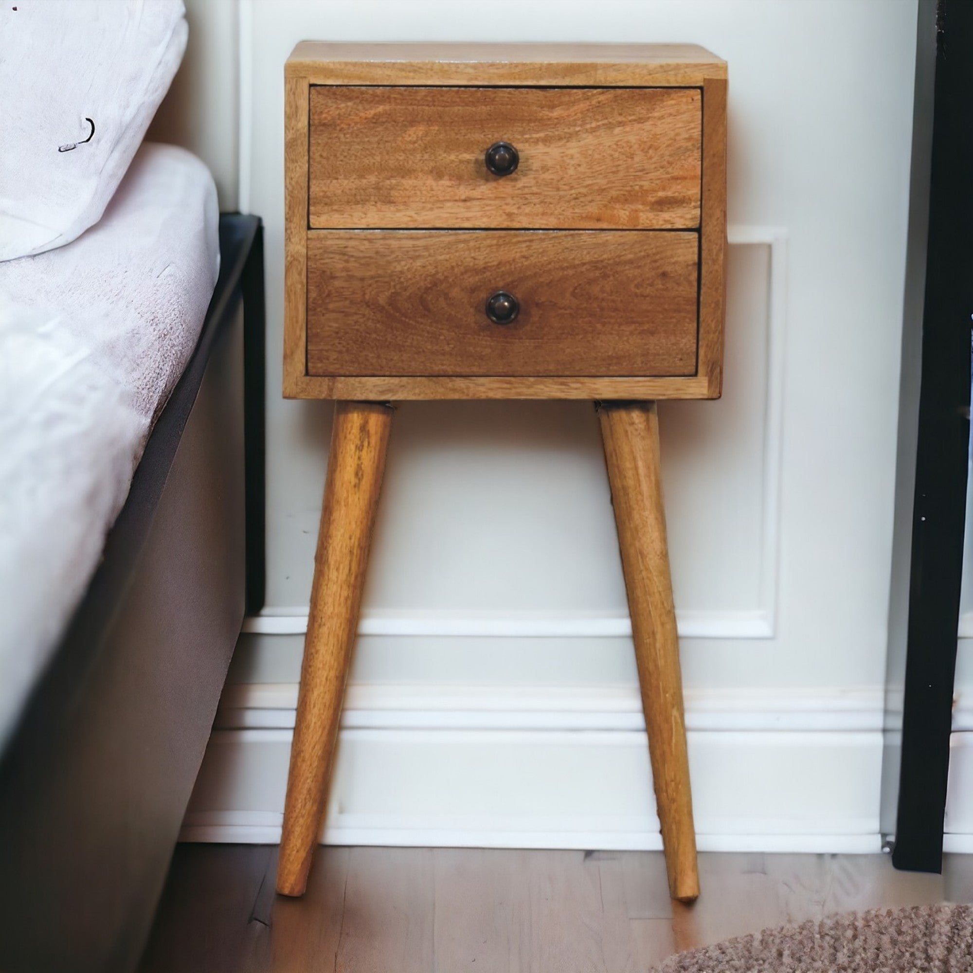 Solid Wood Mini Bedside 2 Drawers Oak-ish Brown