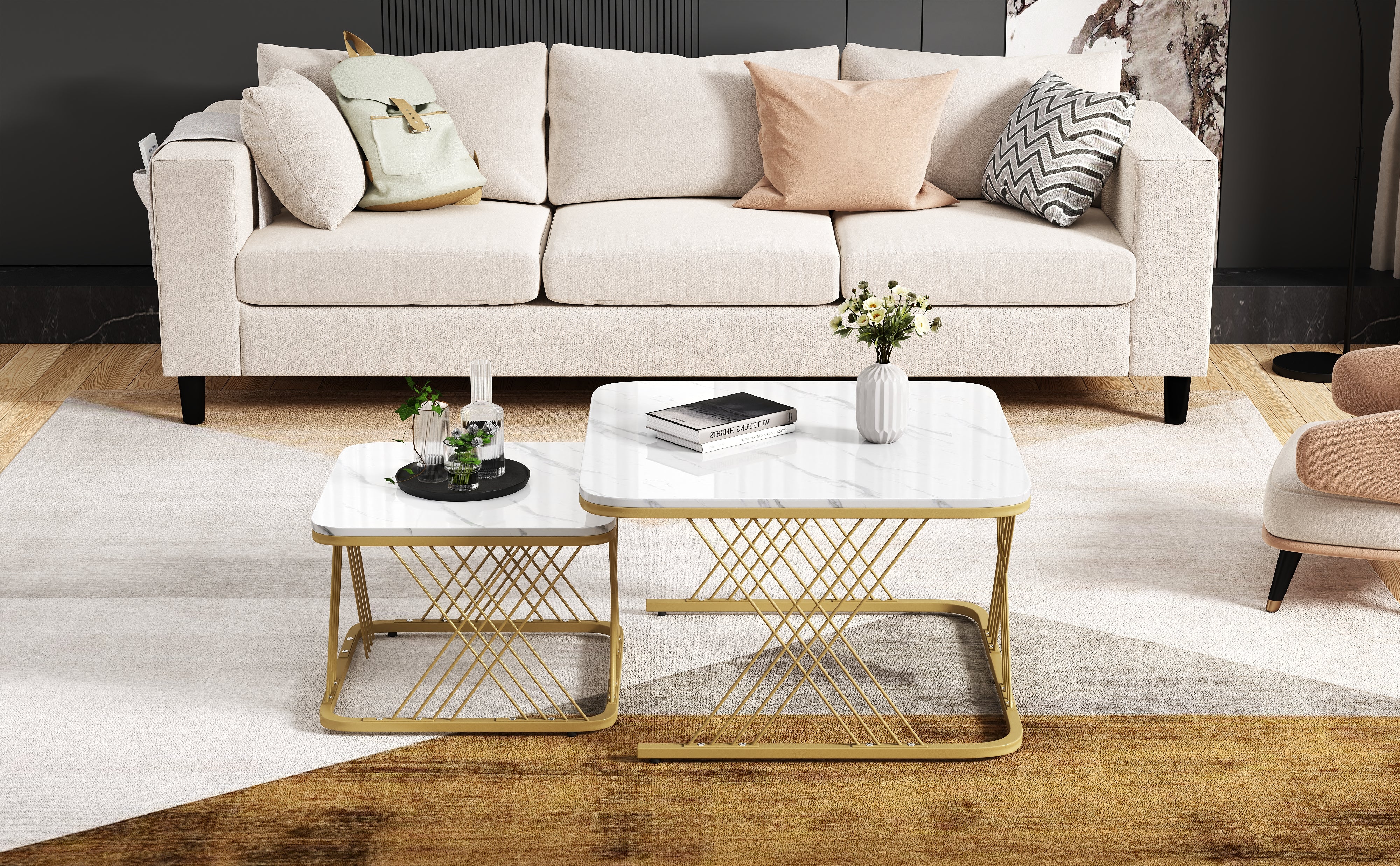 Nest of 2 Tables Coffee Table Set, Gold Metal Frame & Marble Pattern Top, White + Gold