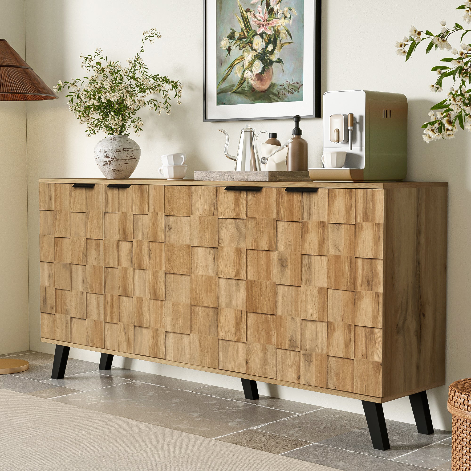 Sideboard, 4 Doors Storage, Wood Color
