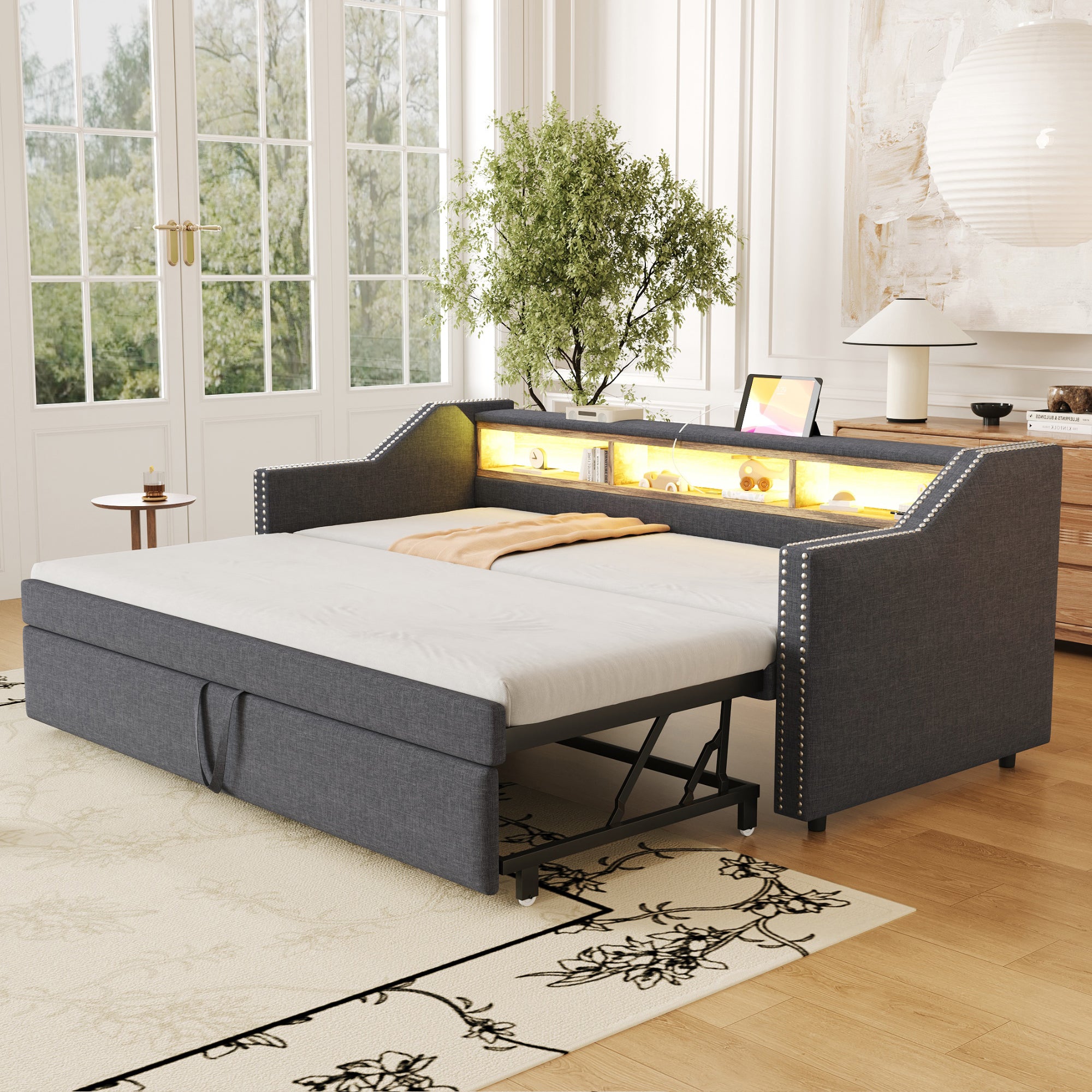 Upholstered Bed Pull-Out Sofa Bed 90/180 x 190 cm with LED & USB, Dark Grey
