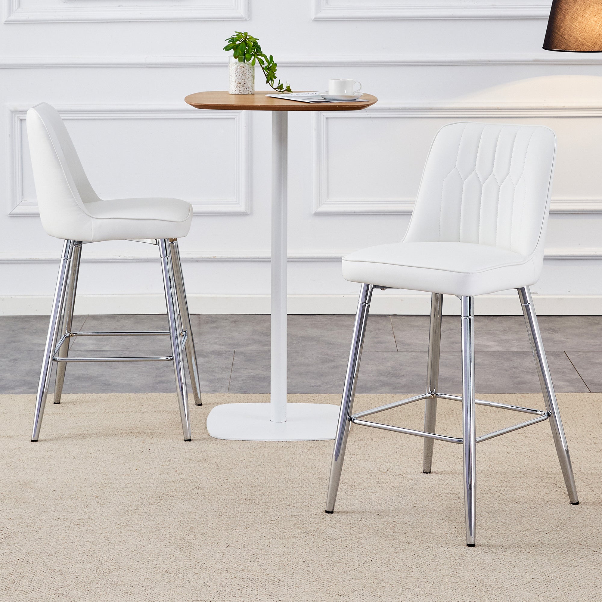 Set of 2 Bar Stools, 100cm High with Footrest, White PU Leather