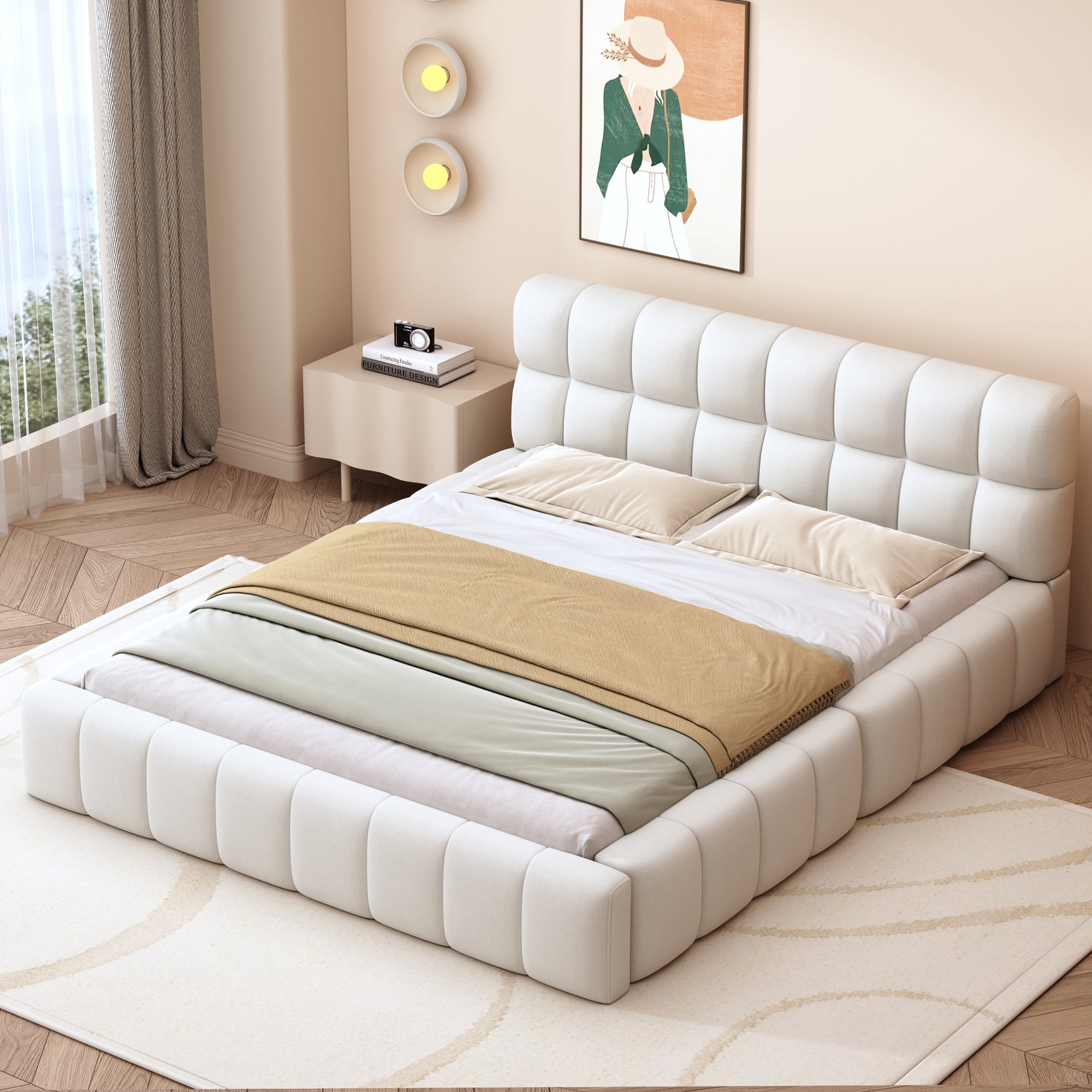 Upholstered Bed, 140x200cm Double with Soft Backrest, Linen Beige