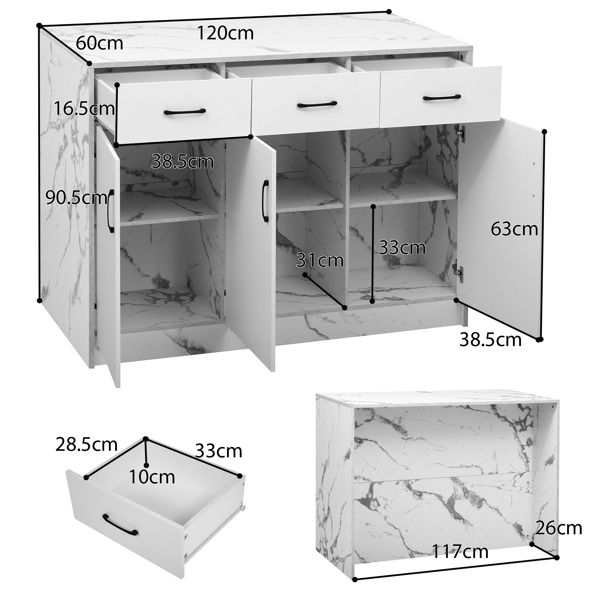 Large Kitchen Island 120x60cm 3 Drawers 3 Doors Adjustable Shelves - White Marble Design
