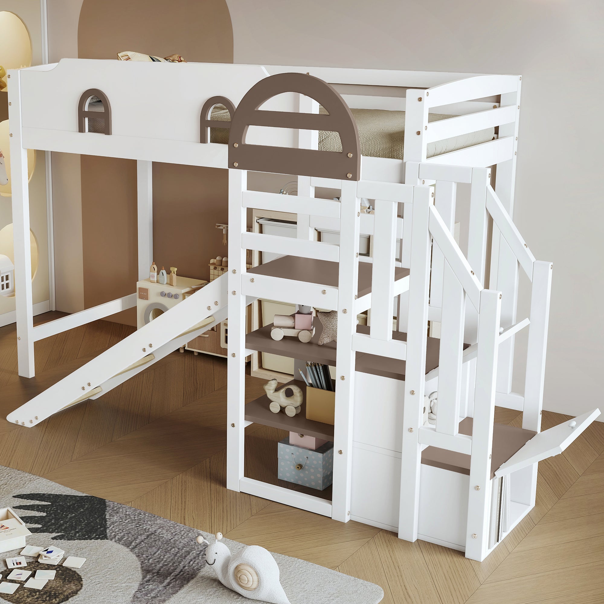 Bunk Bed, Children's with Window, Slide, Stairs & Storage, Pine + MDF, White + Brown, 90 x 200 cm