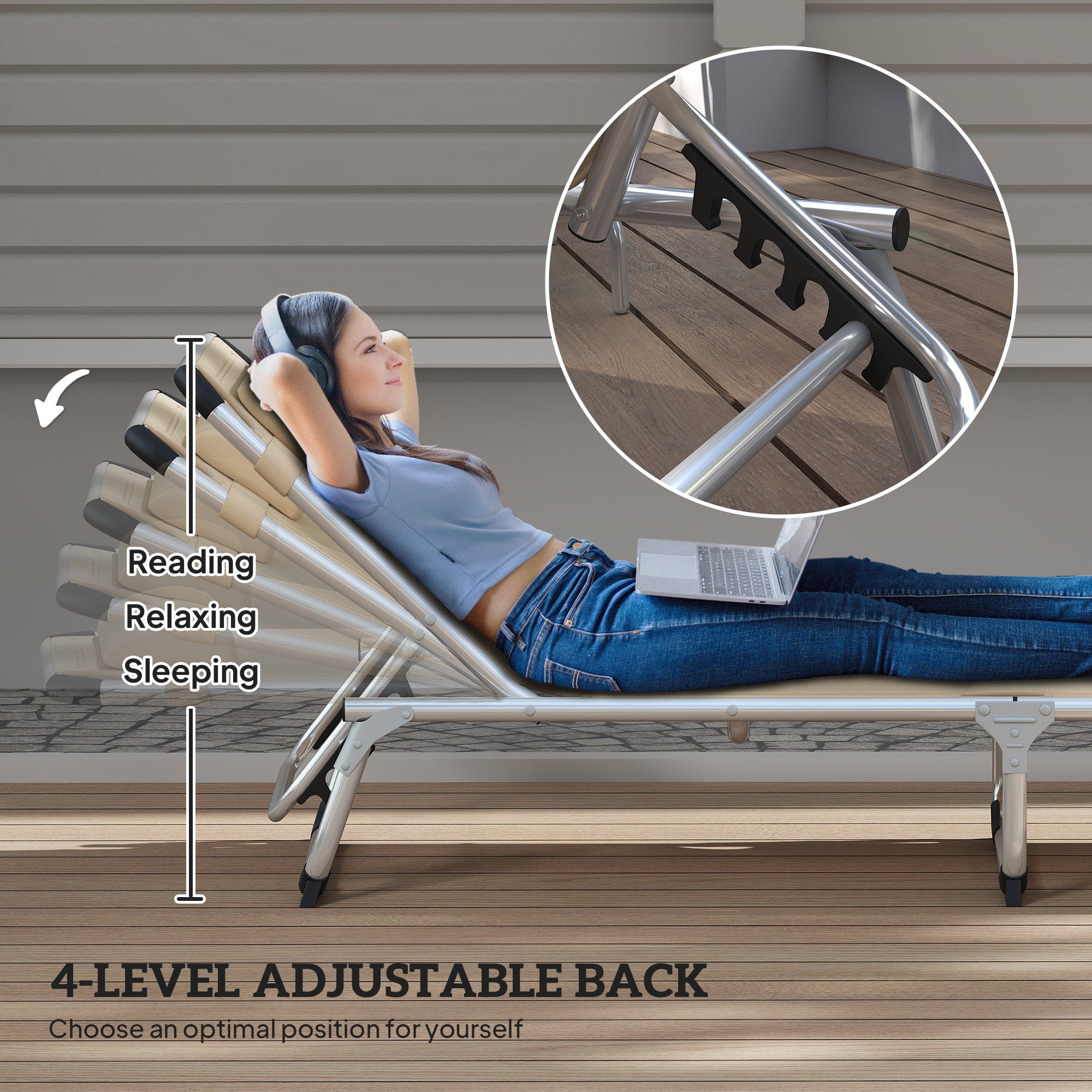 Foldable Outdoor Sun Lounger, Reclining 4-Level Adjustable Back with Pillow, Khaki Aluminium Frame