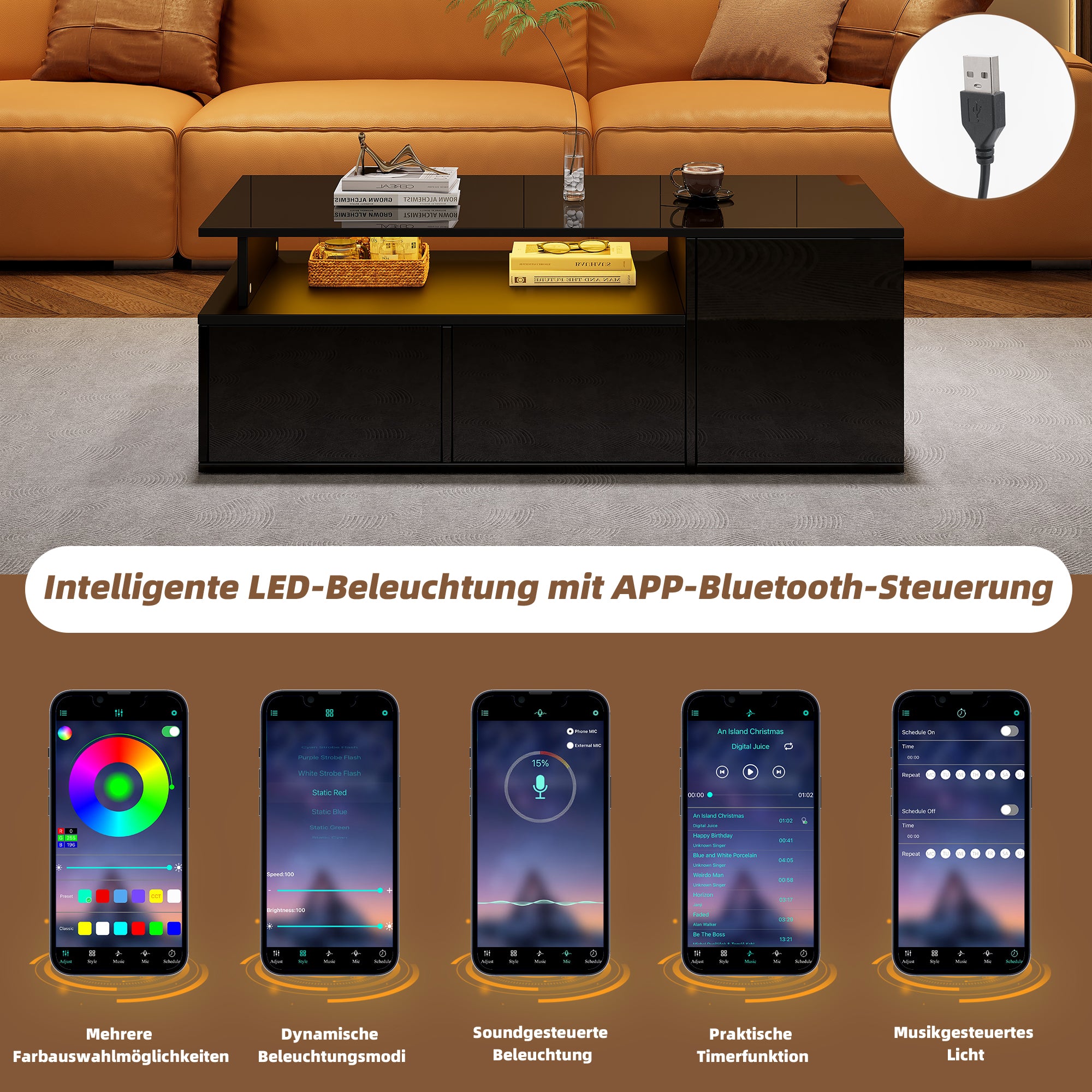 Coffee Table 100x50x35cm LED Lighting 2 Drawers 60kg Black