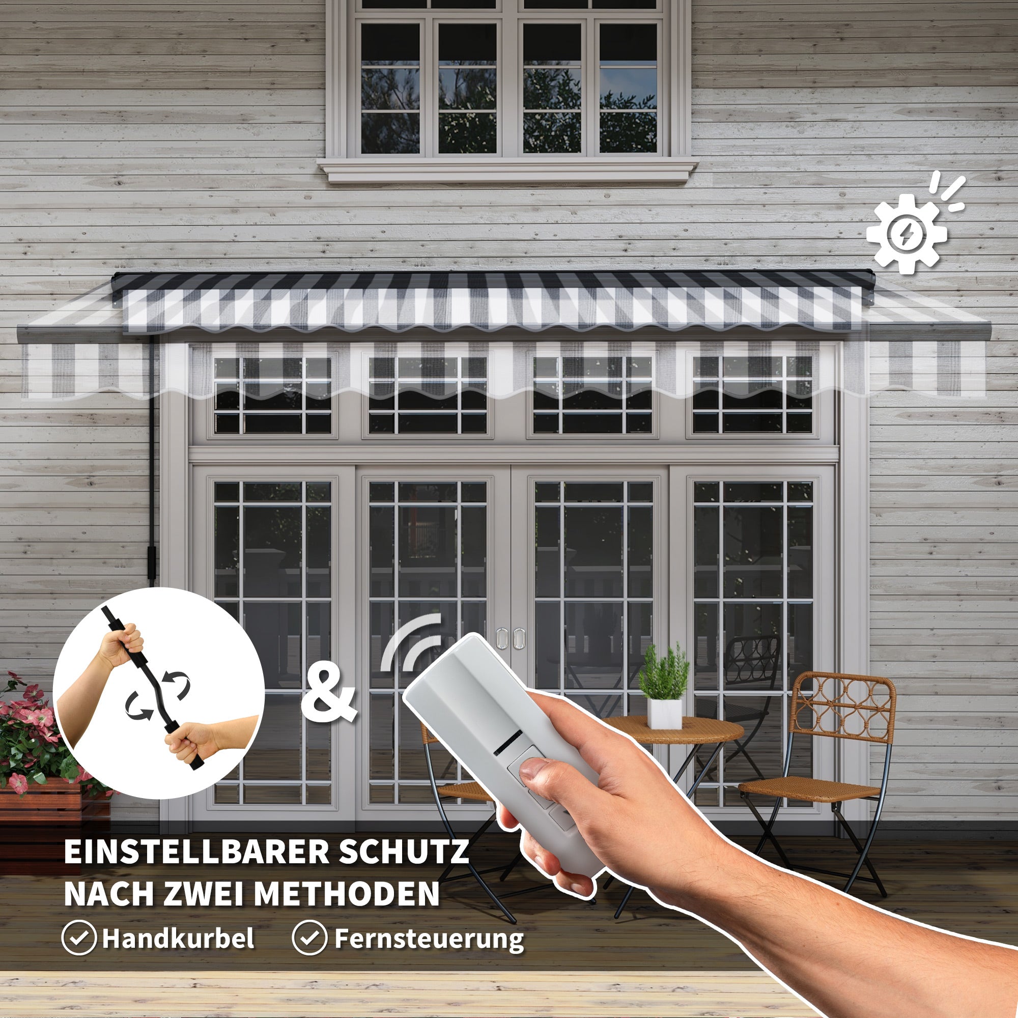 Balcony Awning Adjustable Cassette UV30+ Remote/Hand Crank - Grey/White