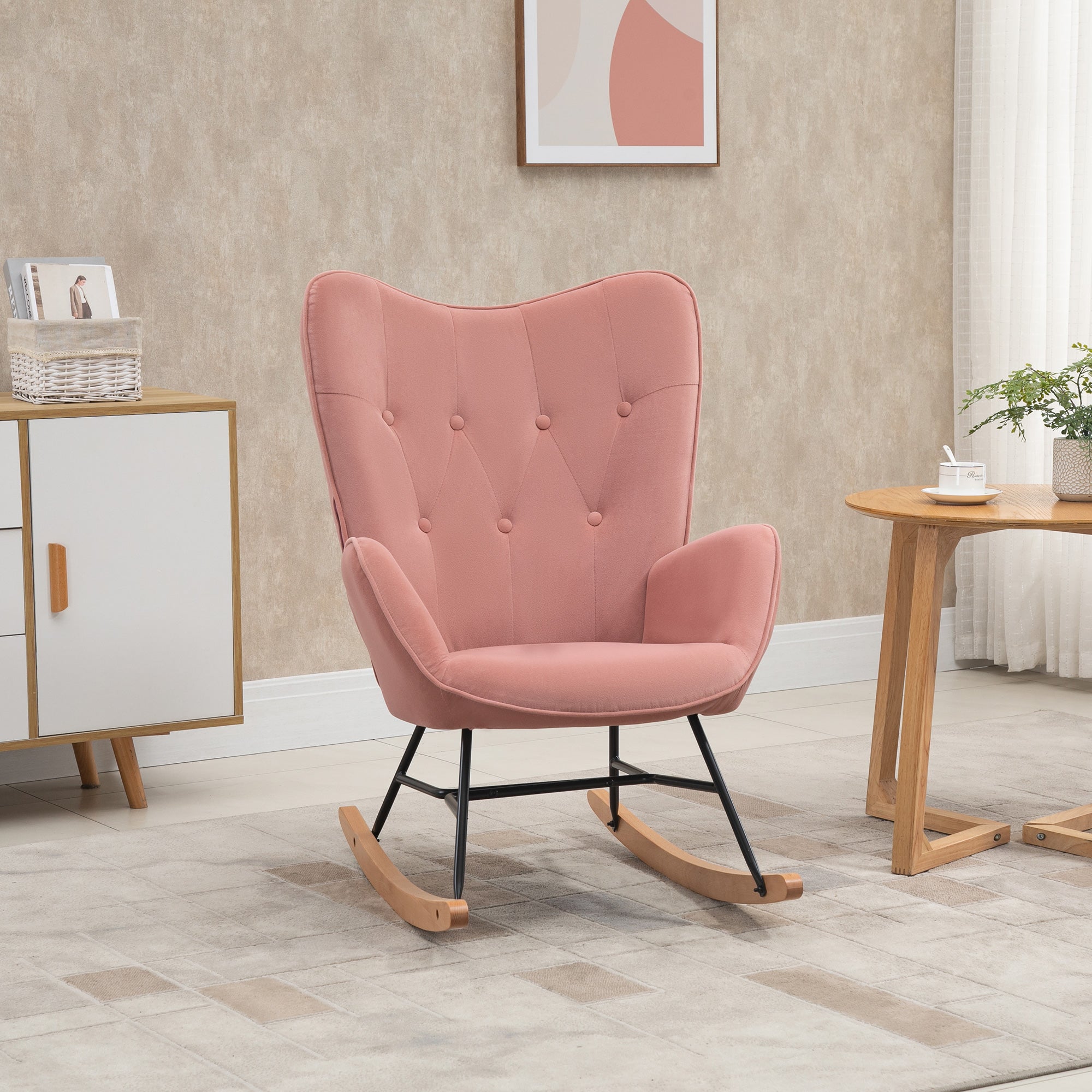 Nursing Rocking Chair, High Back Steel Frame, Pink Velvet
