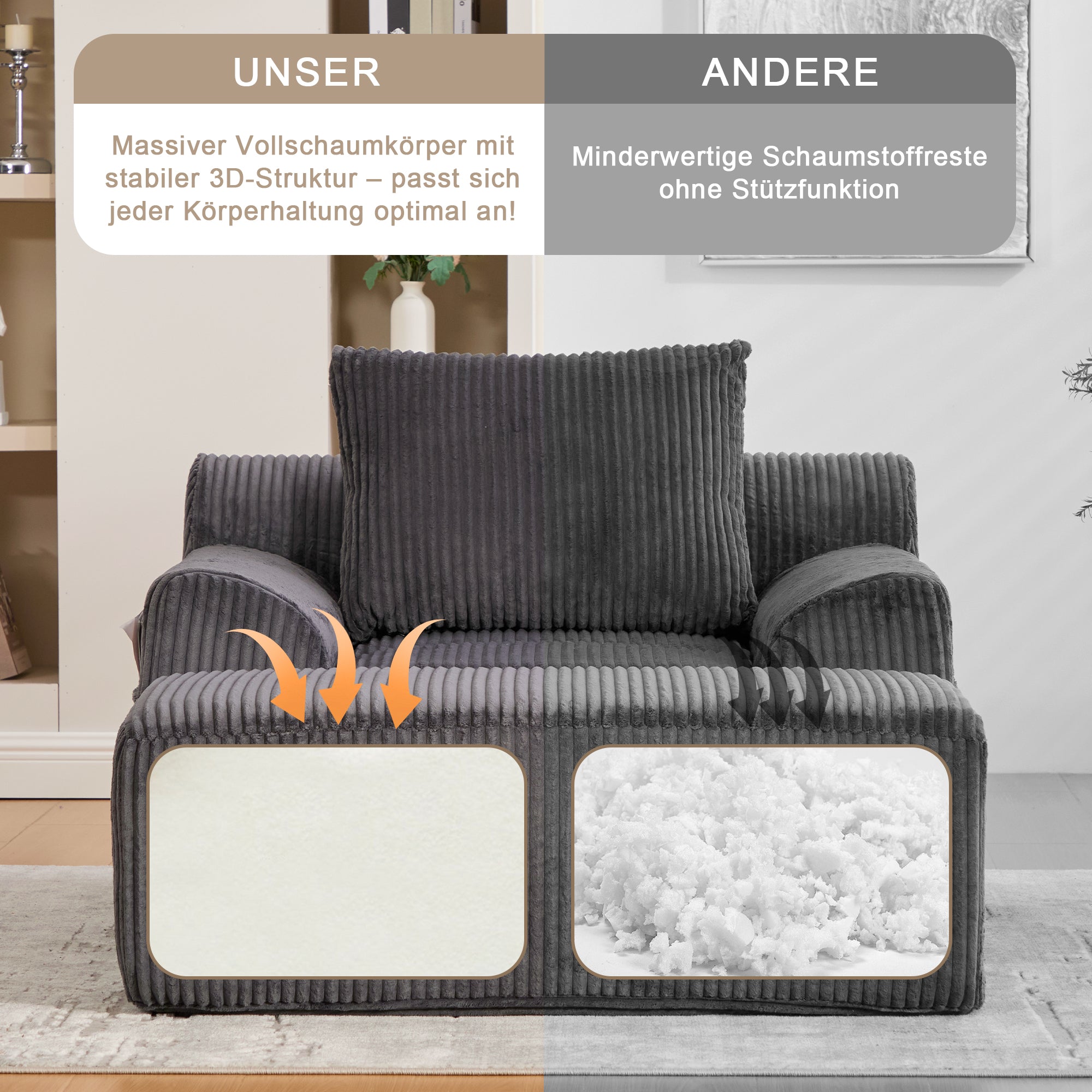 Oversized Sofa Chair Deep Seat Corduroy Upholstered Armchair