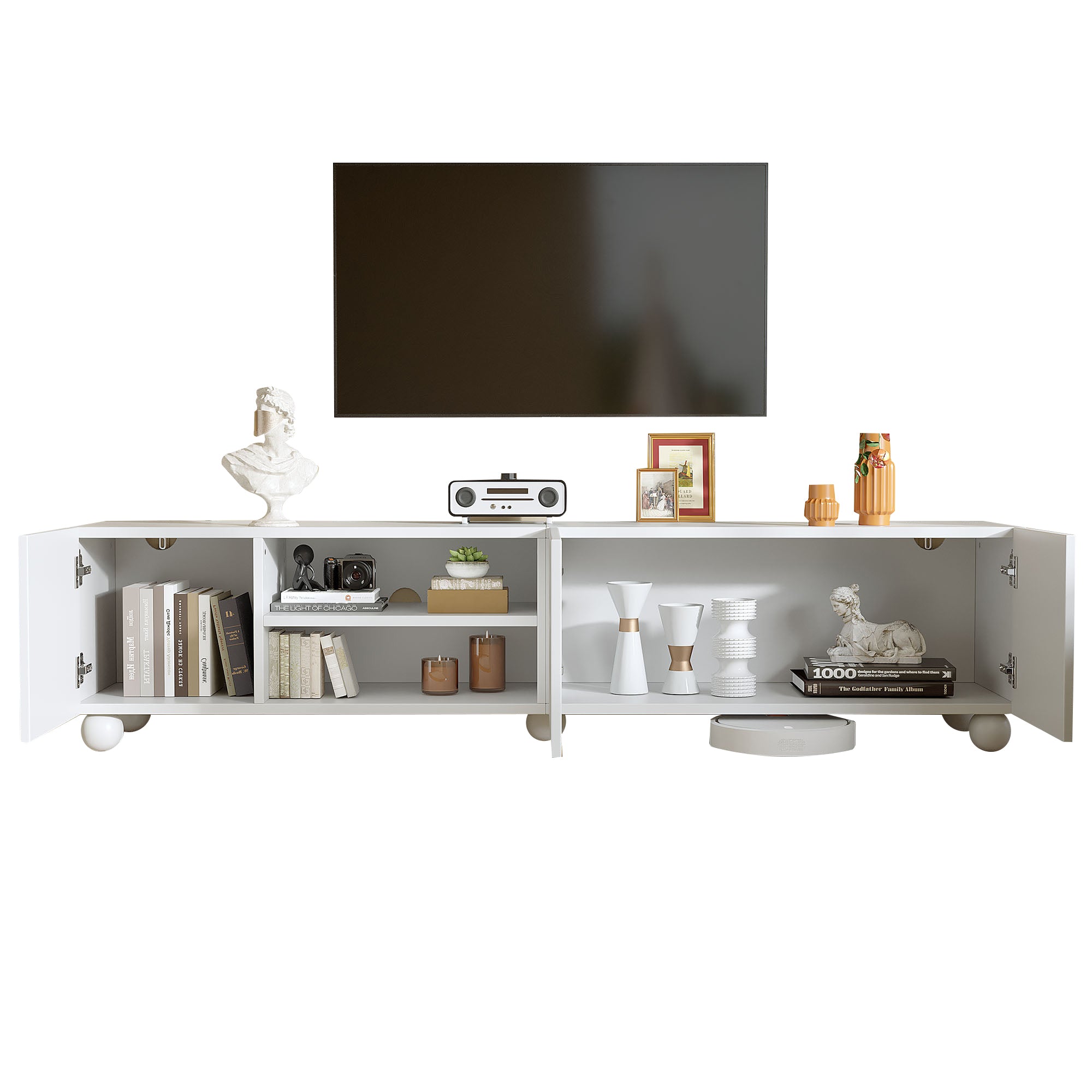 TV Cabinet 200x40x44cm, 3-Door, Printed Design, for up to 80-inch TVs, White