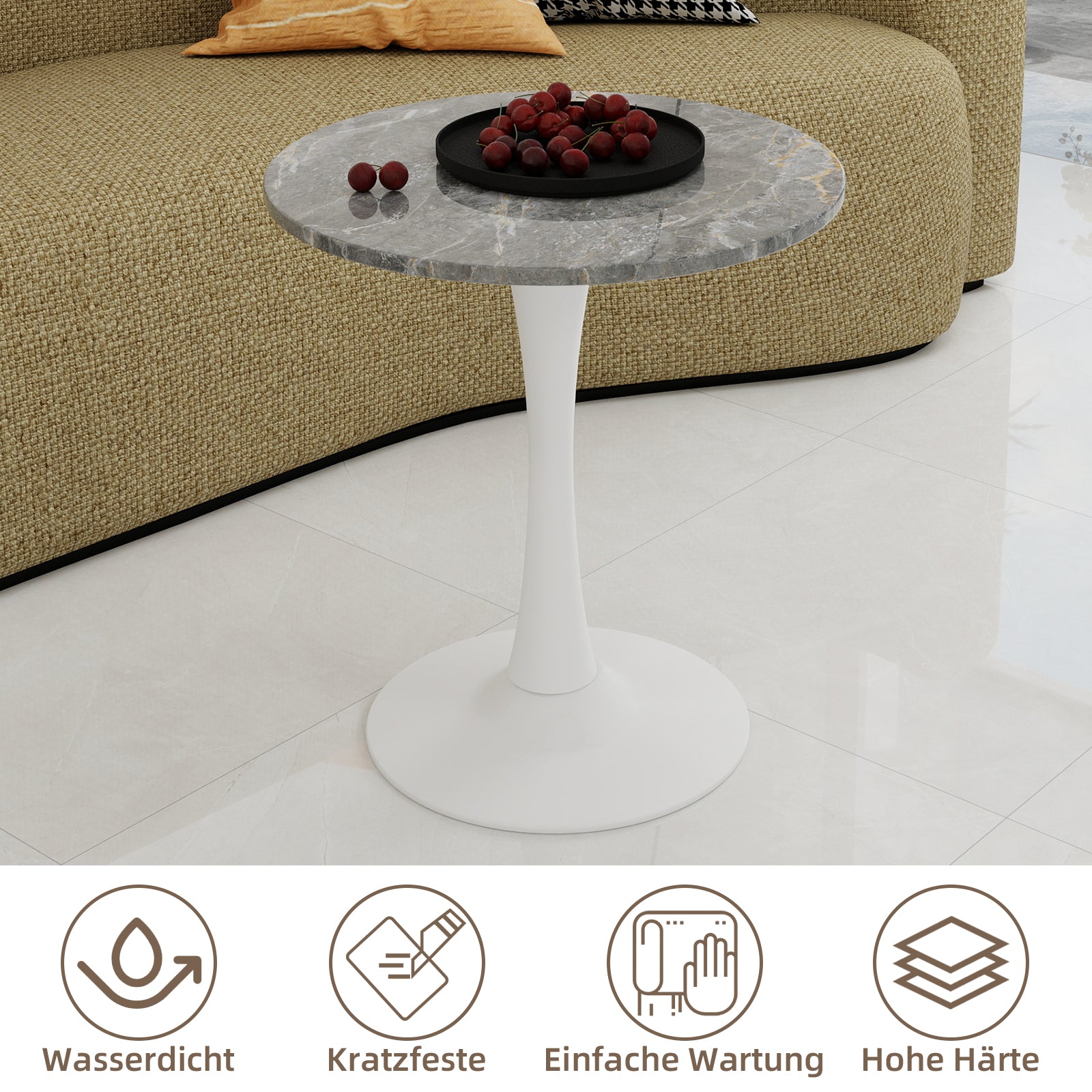 Coffee Table 27.6-inch Round Marble Top Mid-Century Modern - White/Gray Veined Finish