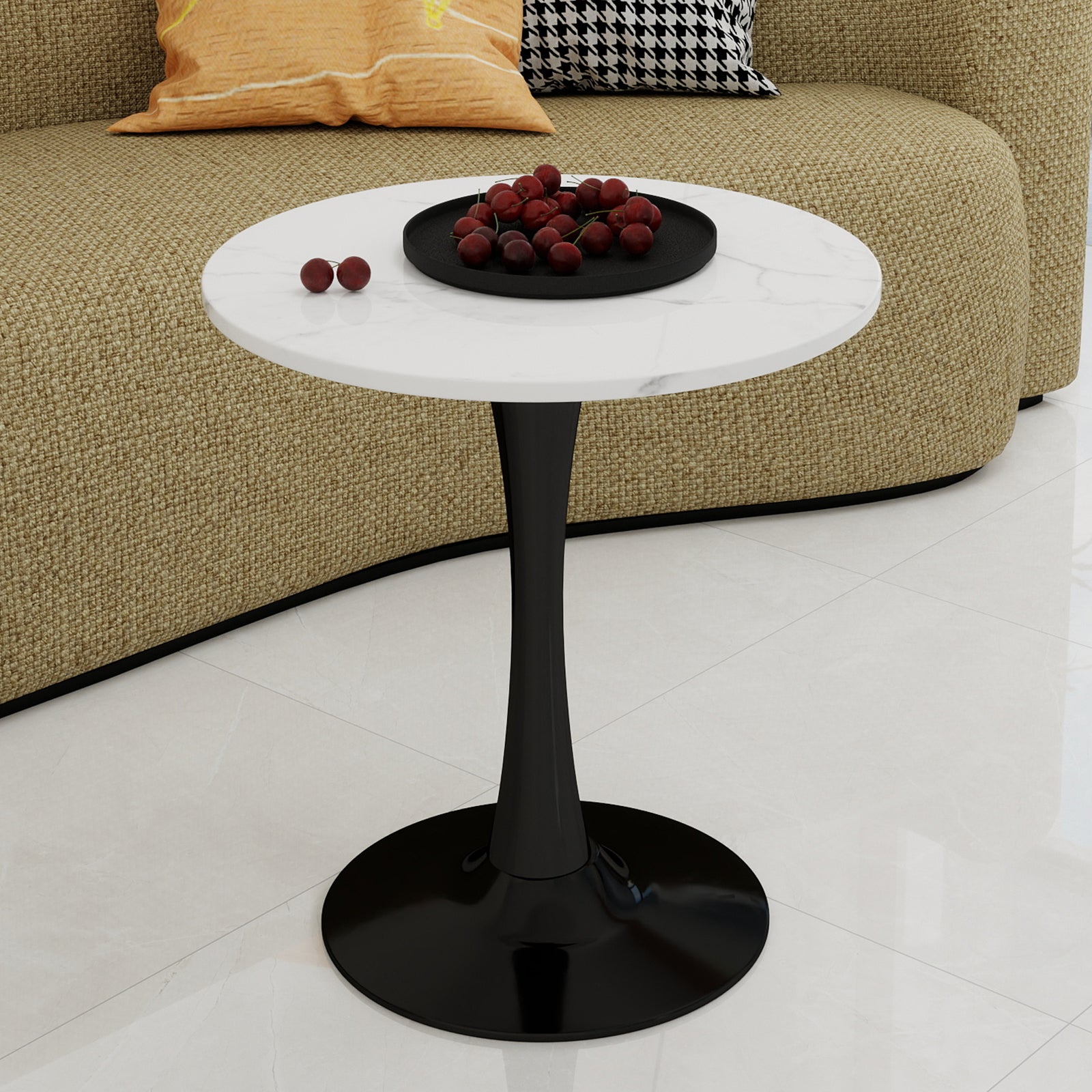 Coffee Table 27.6-inch Mid-Century Modern Round Marble Top - Black