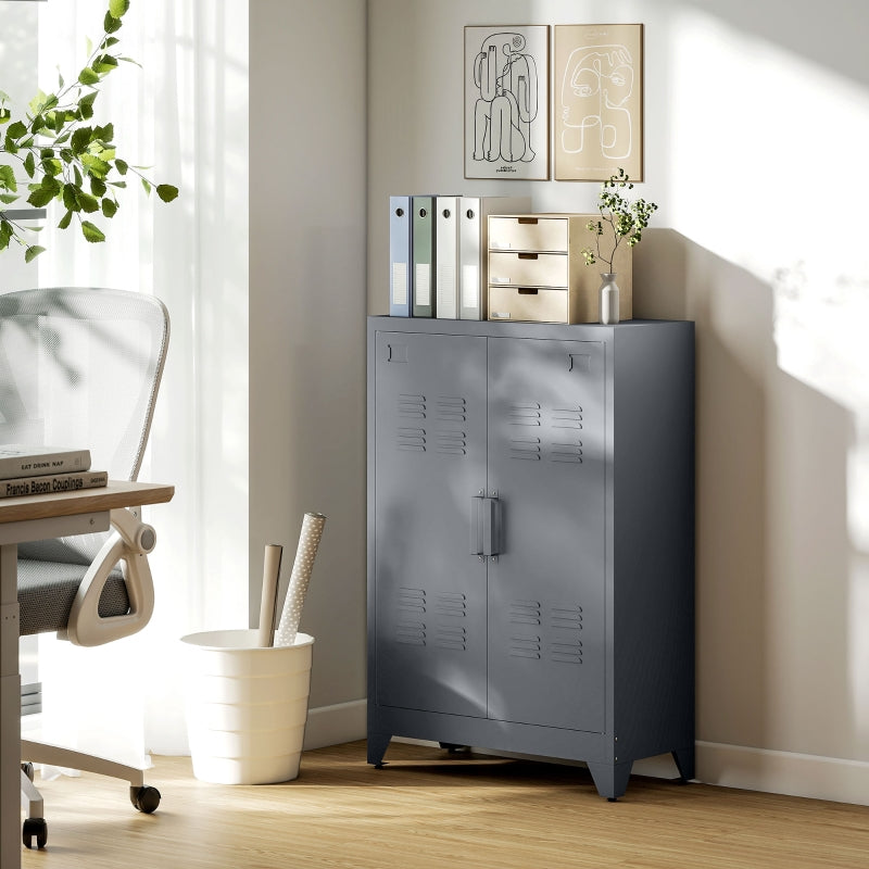 Filing Cabinet with Louvre Doors, Metal with 2 Adjustable Shelves, Grey