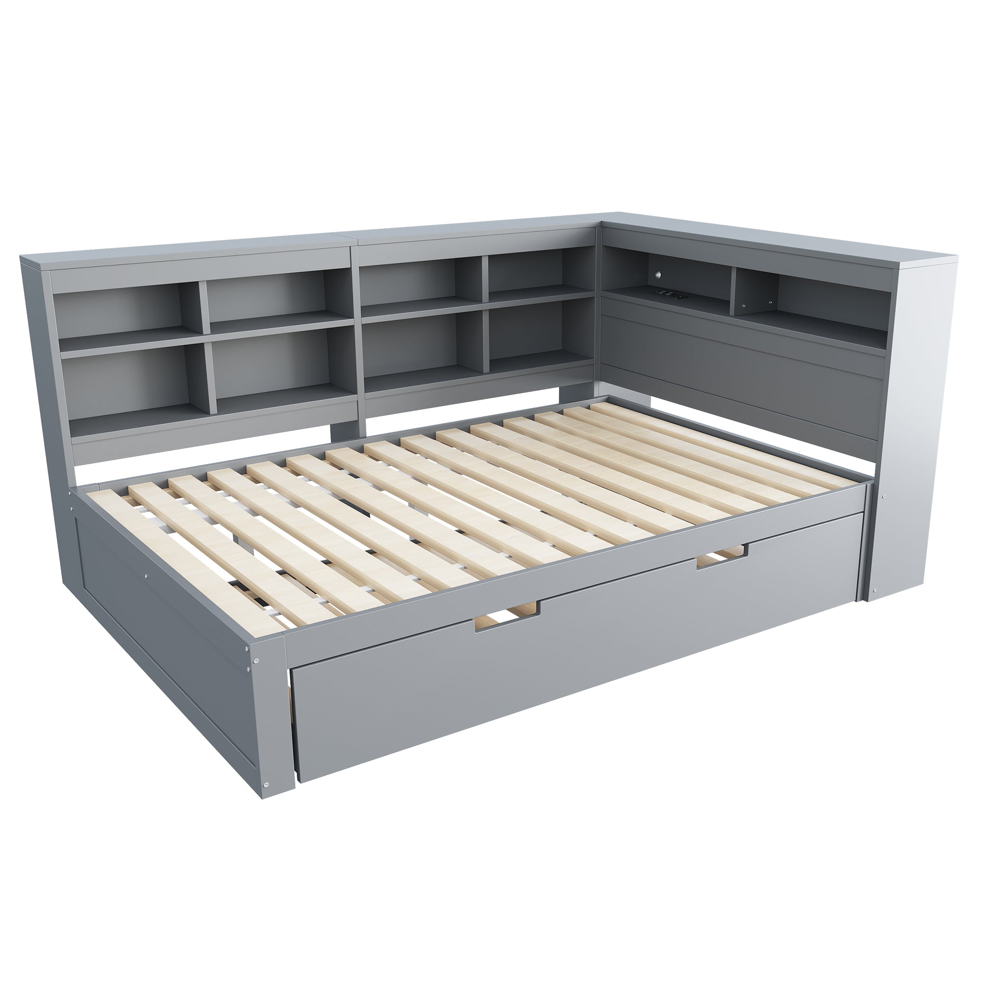 Sofa Bed 140x200 Pull-Out 90x190 with USB & Storage, Solid Wood, Gray