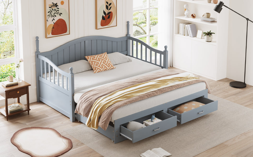 Pull-Out Sofa Bed, Solid Wood with Drawers & Slatted Frame, Pine Wood, Grey