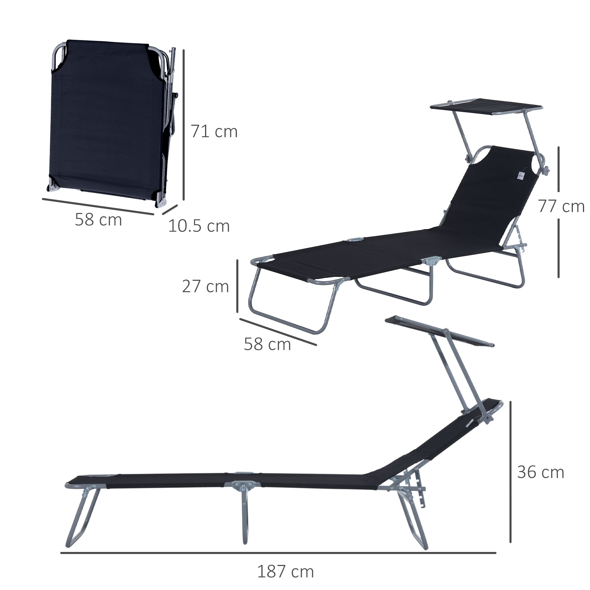 Folding Sun Lounger with Sunshade, 187x58x36 cm, Black