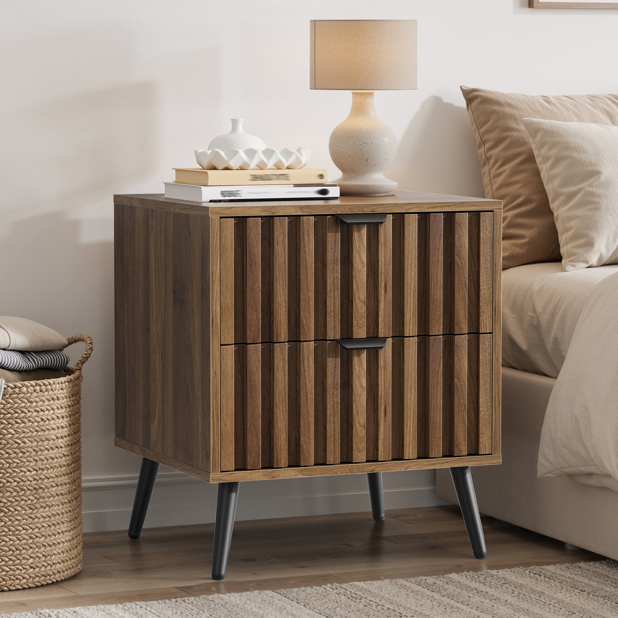 Modern Bedside Table Recessed Design 2 Drawers 45x40x53 cm - Walnut