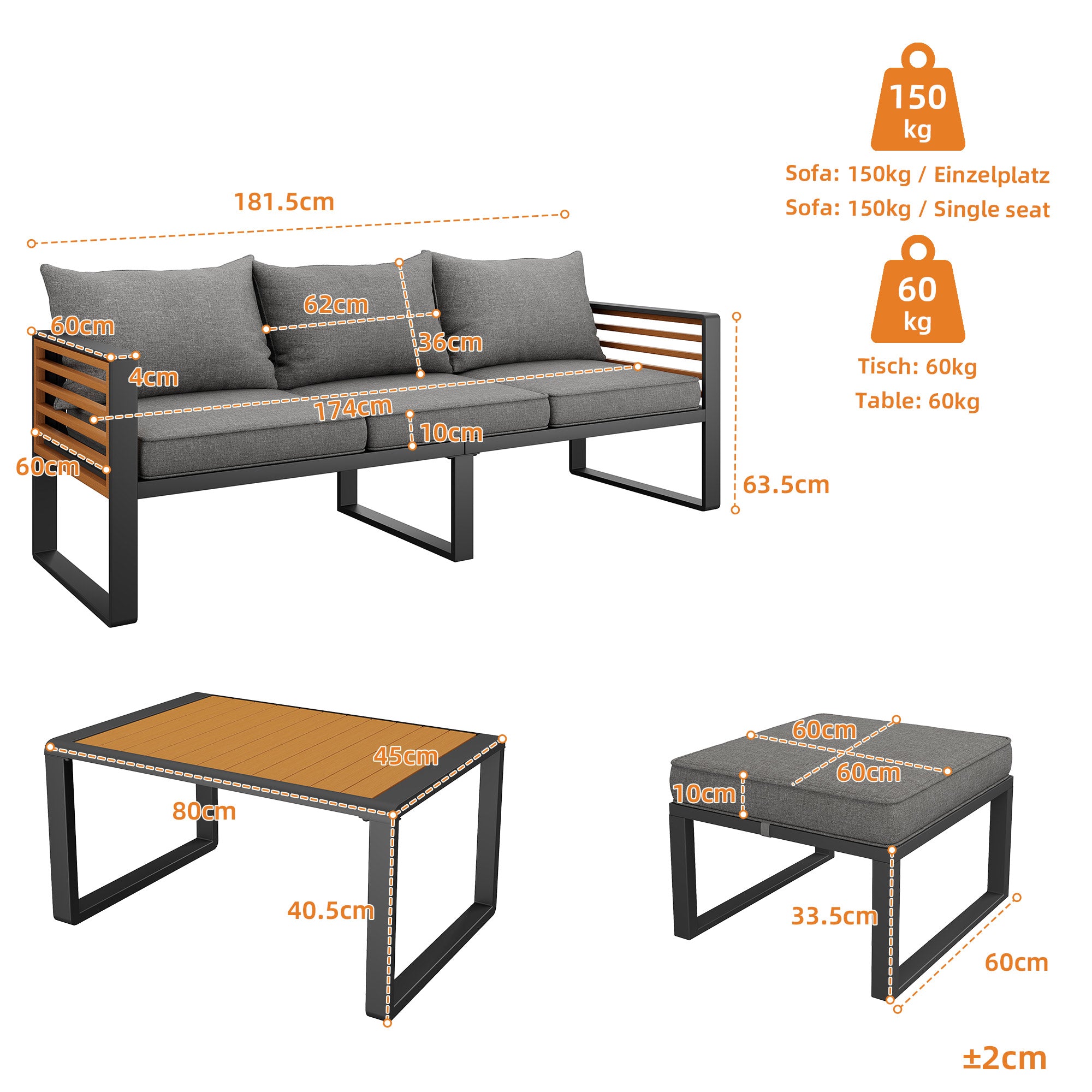 Garden Lounge Set 3-4 Seater Modern Outdoor Sofa - Galvanized Iron Frame