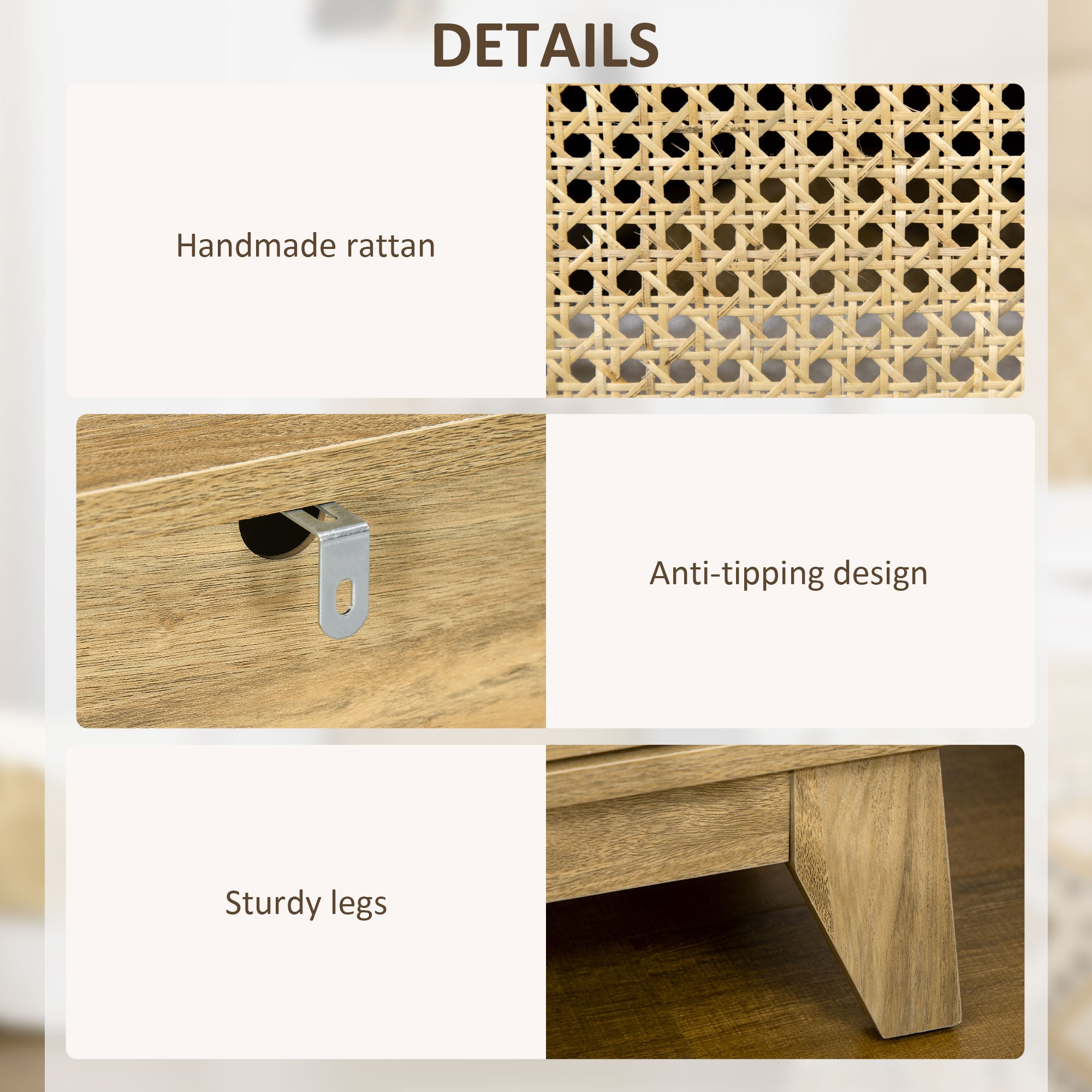 Narrow Rattan Nightstand, Side End Table with Shelf and Cupboard, Natural