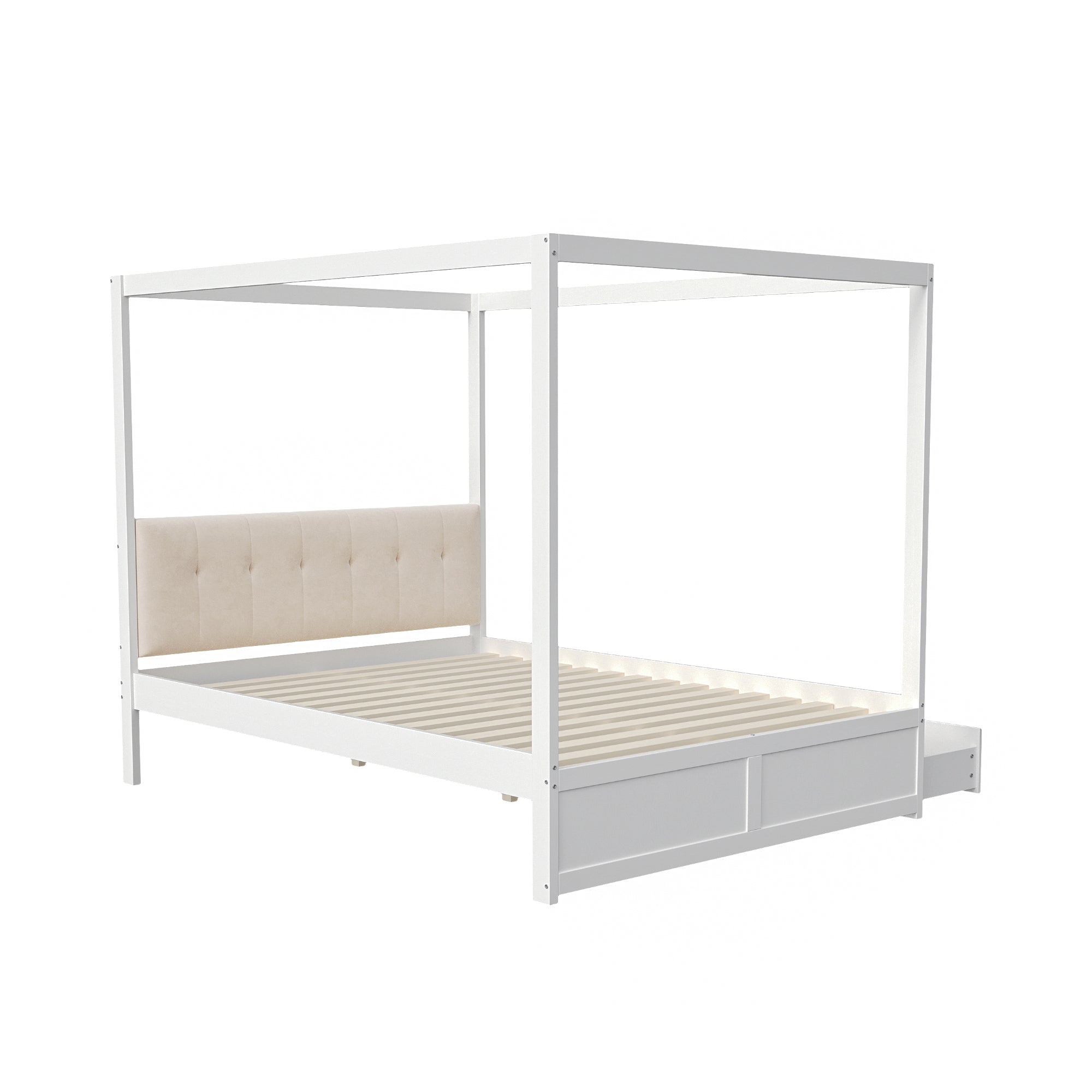 Canopy Bed, 140x200cm Large Drawers Soft Headboard, Wooden White