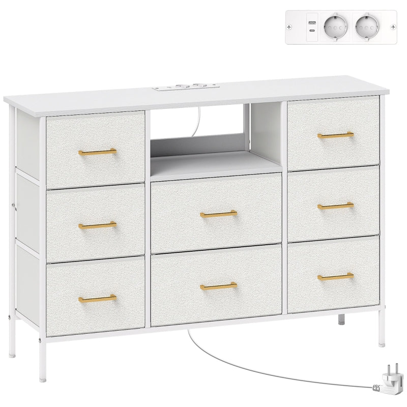 Chest of Drawers 8 Fabric Drawers Power Strip Steel Frame - Cream White