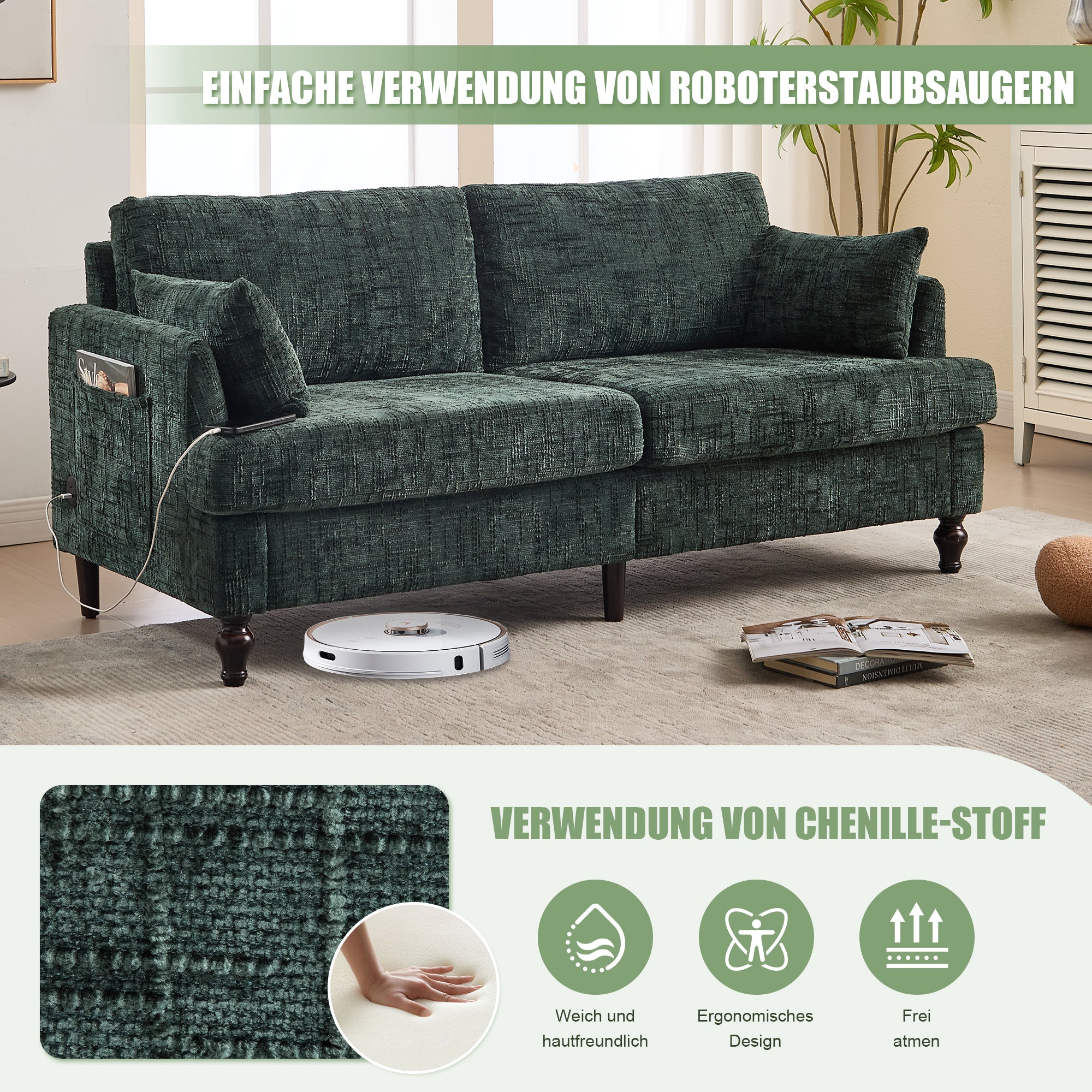 Sofa, Modern 2-Seater with LED Light, USB Port, Storage Bag, Chenille