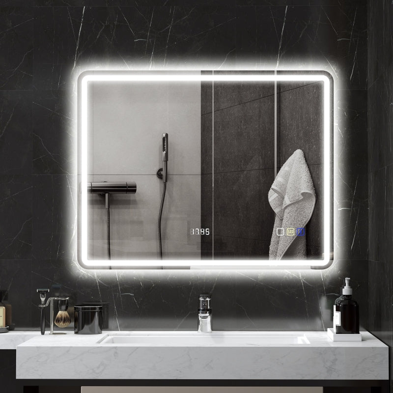 Bathroom Mirror 70x90cm LED Anti-Fog Clock Bluetooth, Silver