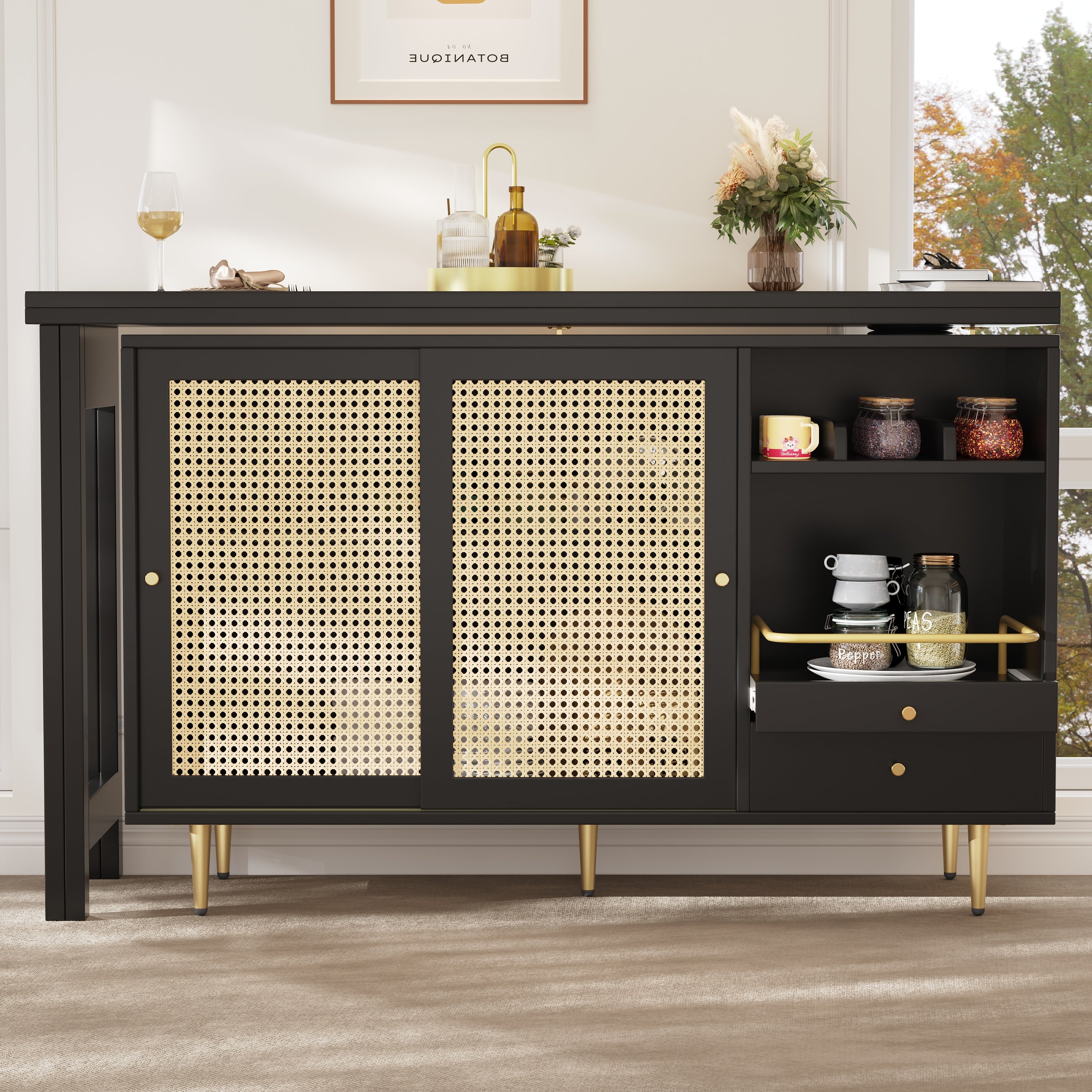 360° Rotating Bar Table Extendable Rattan Storage Cabinet Black