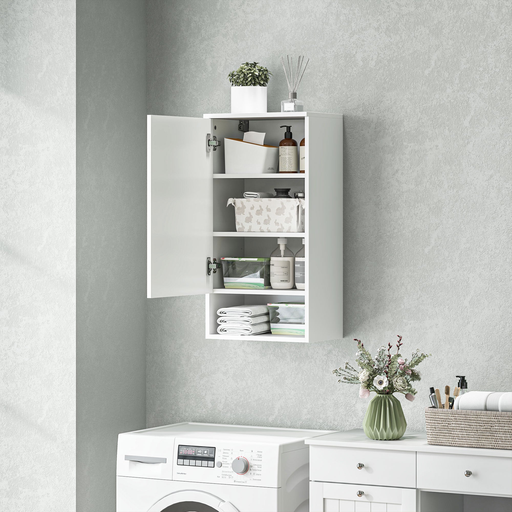 Wall Cabinet with Doors, Adjustable Shelves, Open Compartment, Wall Mounted, White