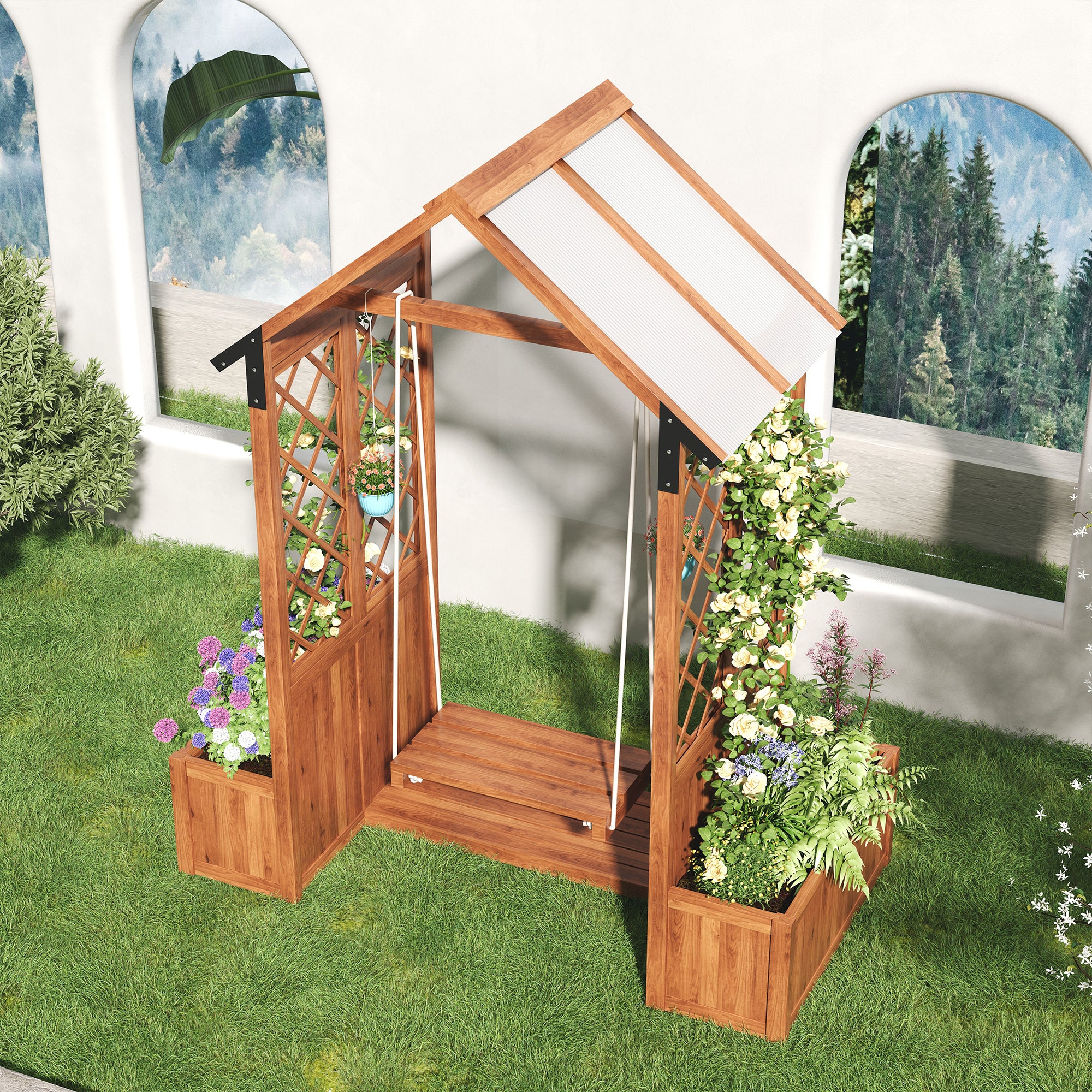 Planter with Trellis and Sunroof, Brown Solid Wood