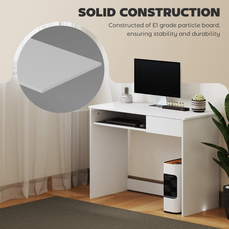 Computer Desk Compact 100cm with Keyboard Tray and Drawer, White