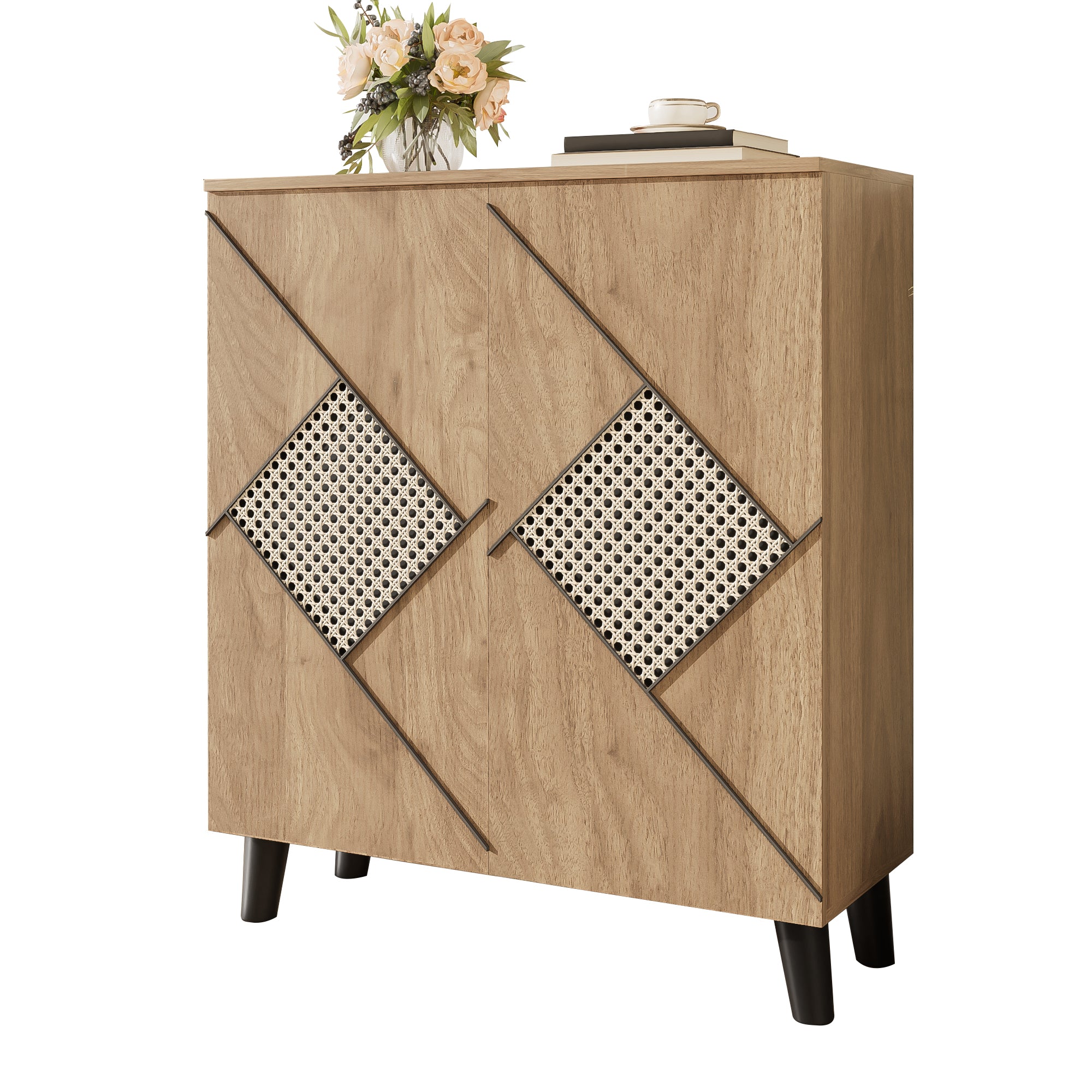 Modern Shoe Cabinet, 80x32x91 cm, Storage, Rattan Pattern, Wood Look